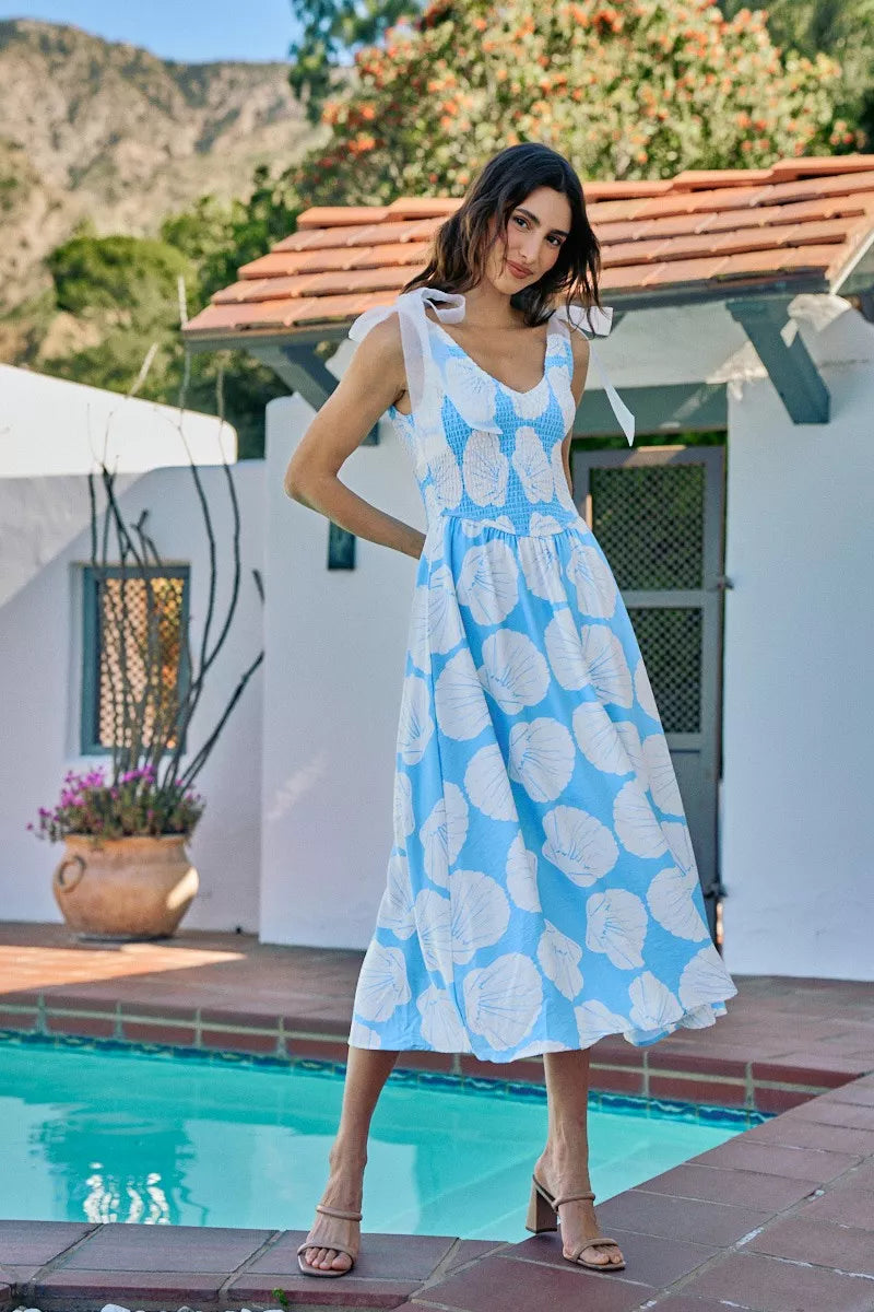 SO ME Shell Smocked Bodice Shoulder Tie Lined Midi Dress