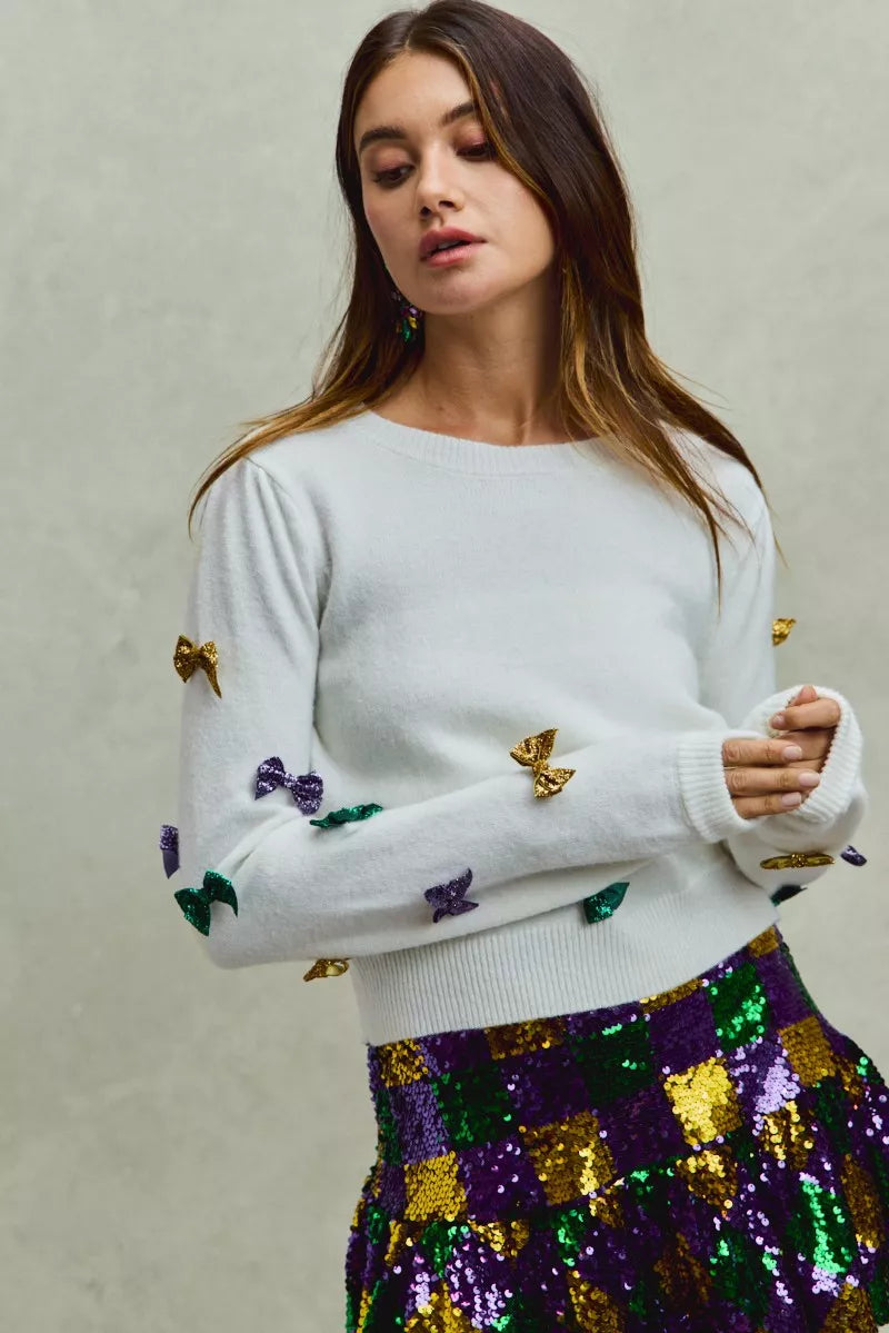 SO ME Mardi Gras Glitter Bow Ribbon Sweater Knit Top