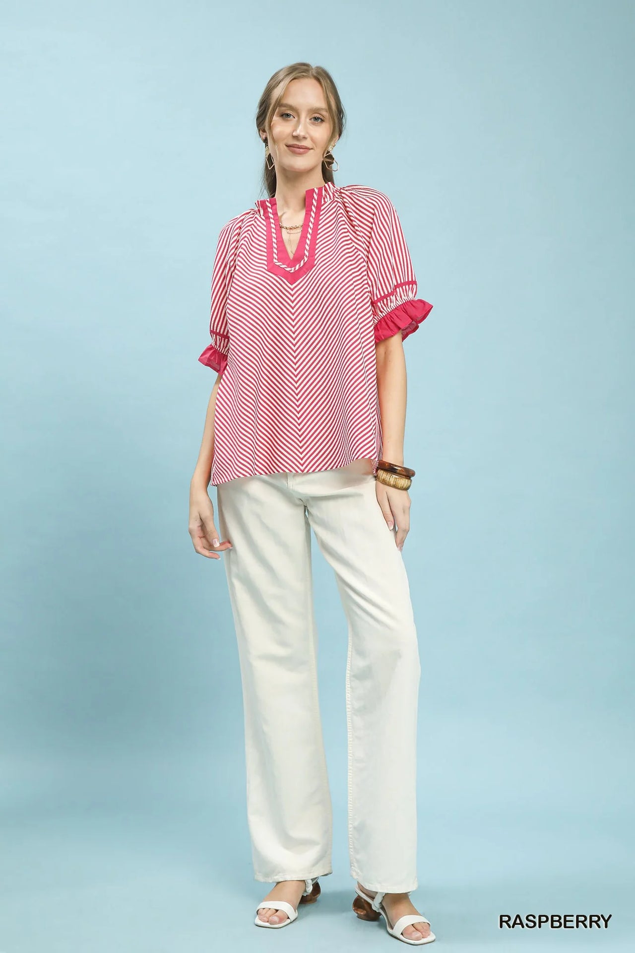 Umgee Stripe Ruffle Sleeve Split-Neck Blouse