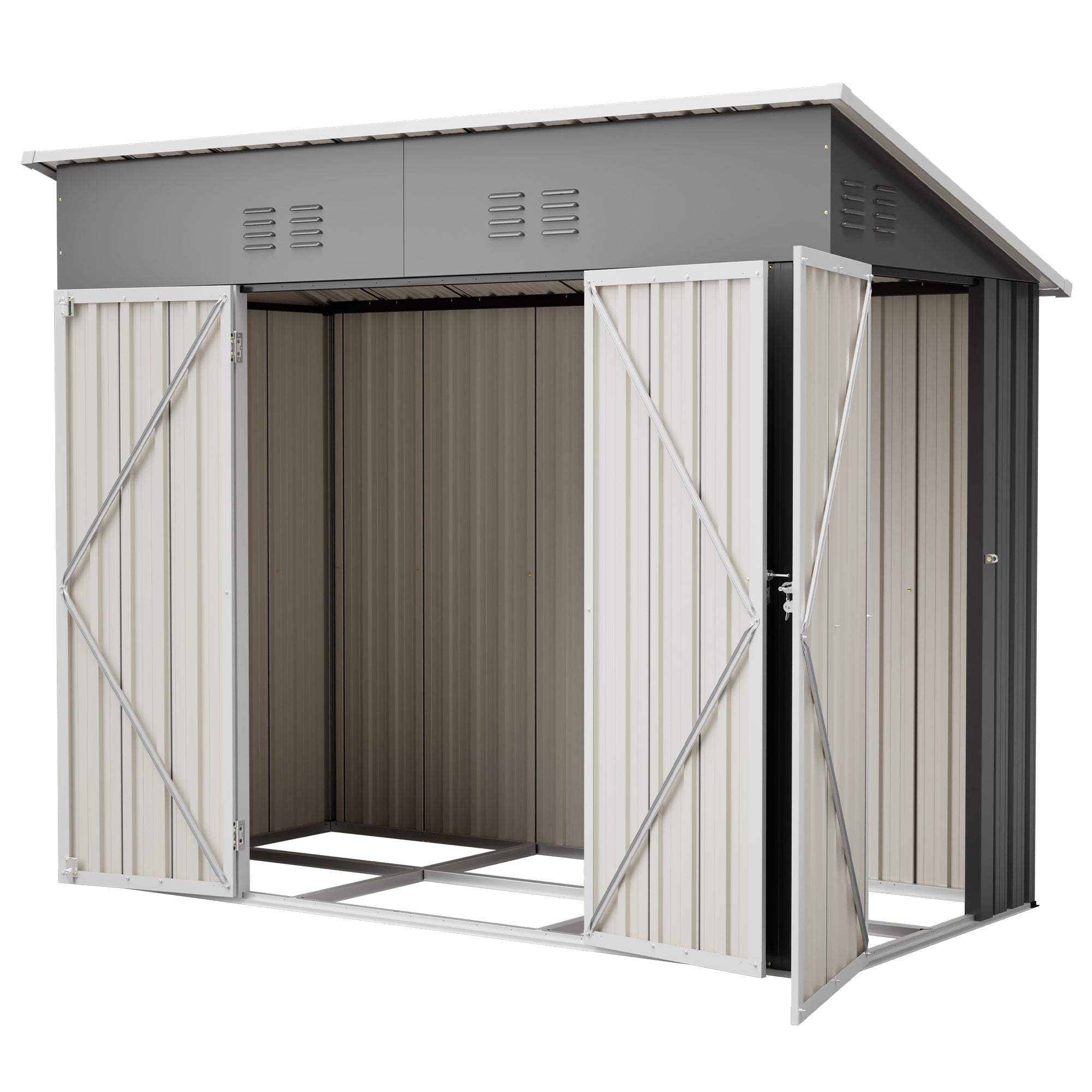 4x8 Slope-Roof Reinforced Storage Shed with Weatherproof Sloping Roof & 4 Air Vents, Heavy-Duty Sturdy Metal Frame, Left/Right Optional Door, Outdoor Tool Shed Warehouse for Garden Storage Pet House