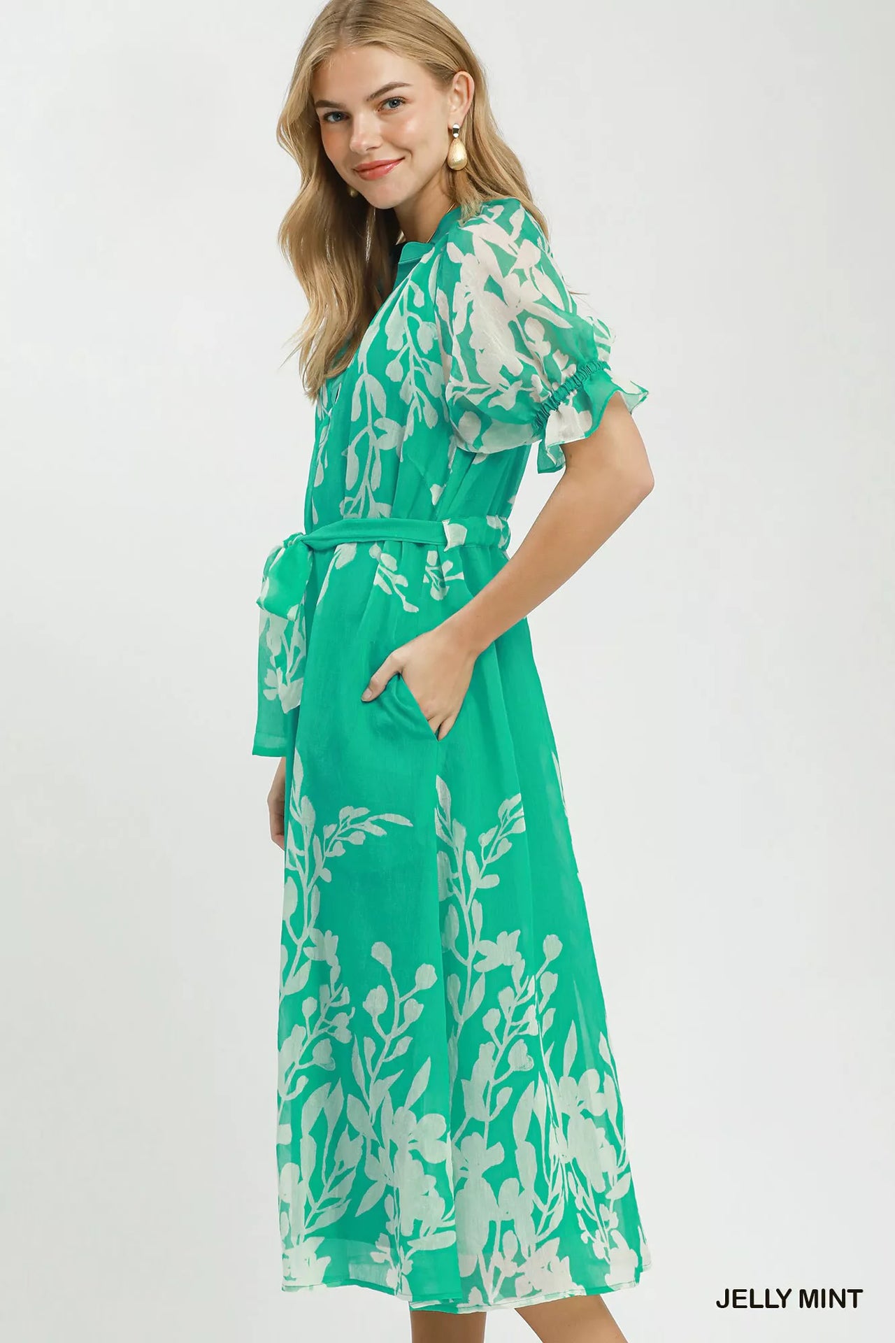 Umgee Floral Print Tie Waist Midi Dress with Side Pockets