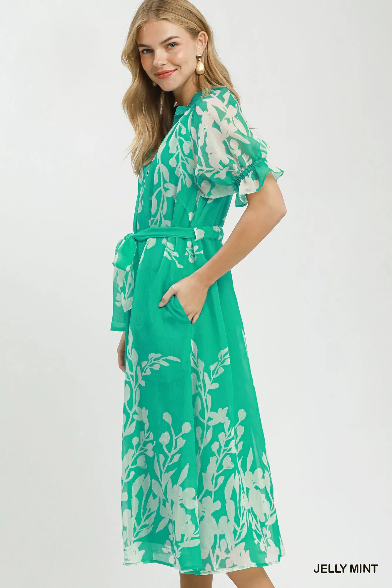 Umgee Floral Print Tie Waist Midi Dress with Side Pockets