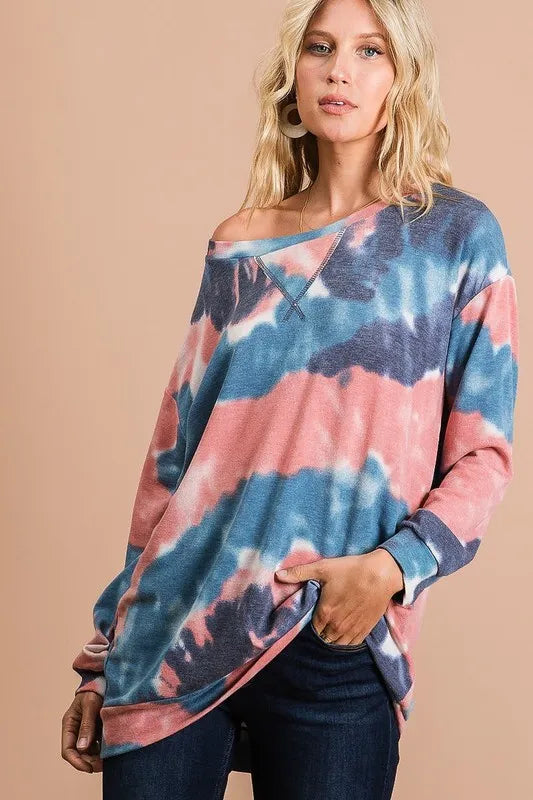 BiBi Tie Dye French Terry Pull Over with Front Stitching Detail