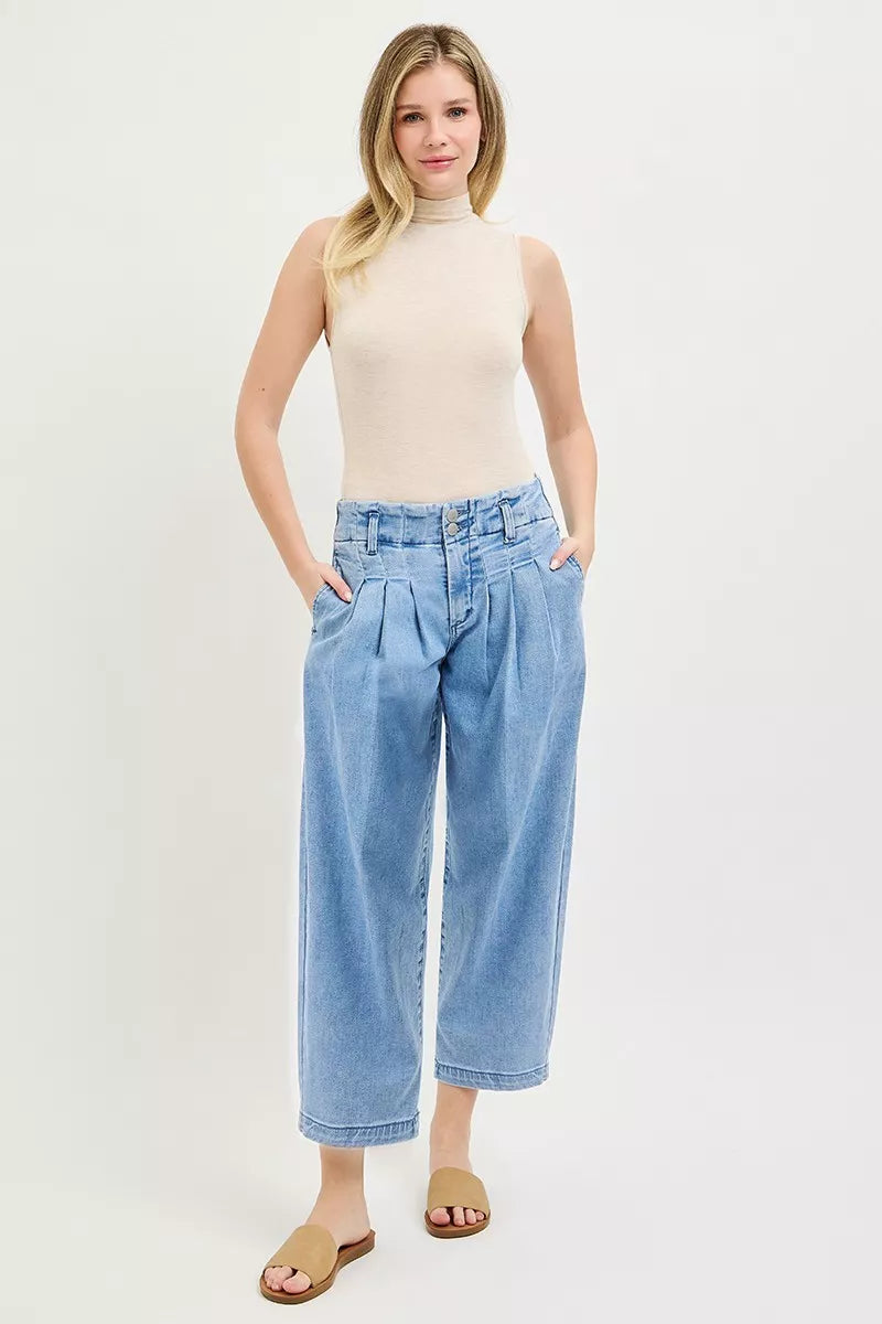 RISEN Slouchy Crop Barrel Pleated Jeans