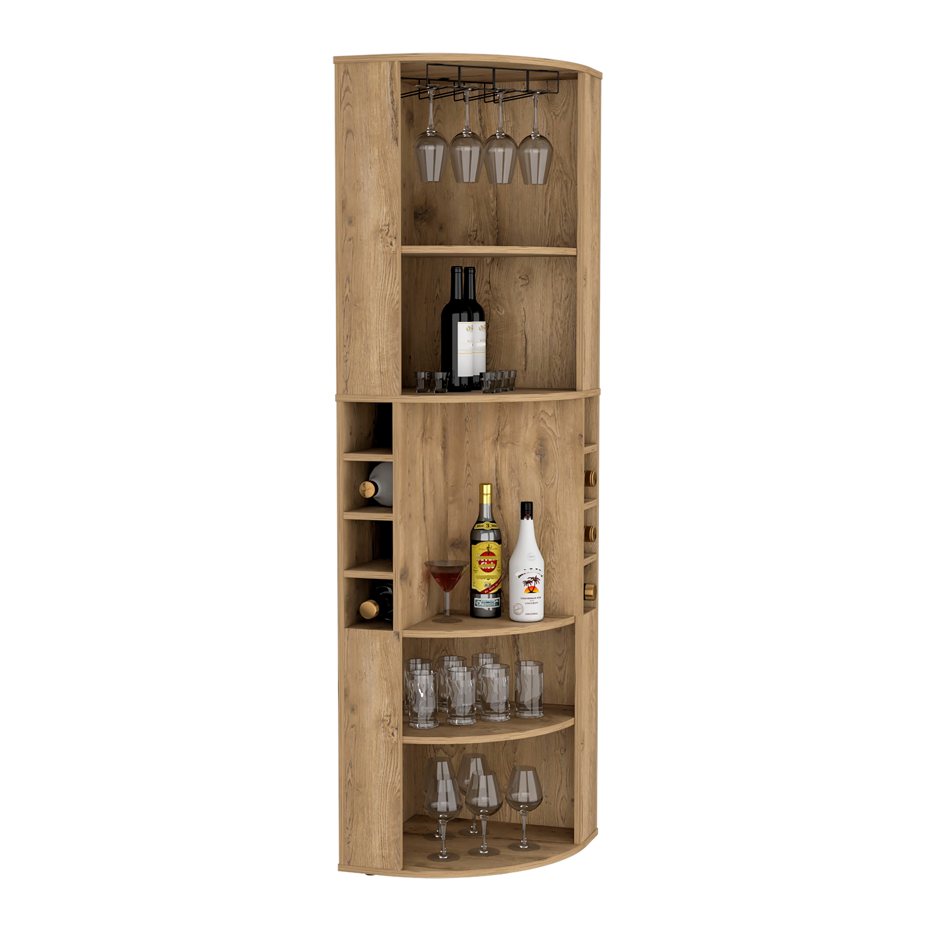 Corner Bar Cabinet 71'H with Five Shelves, Eight Bottle Cubbies and Stemware,Macadamia