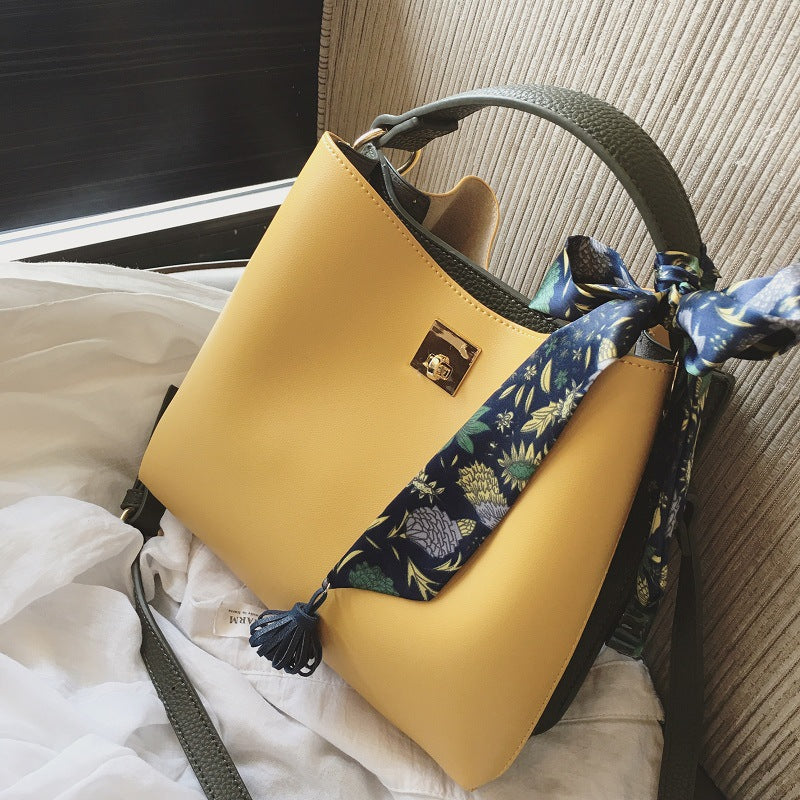 Fashion Casual Hit Color Bucket Bag Simple One-Shoulder Messenger Bag Silk Scarf Handbag (See size chart where applicable)