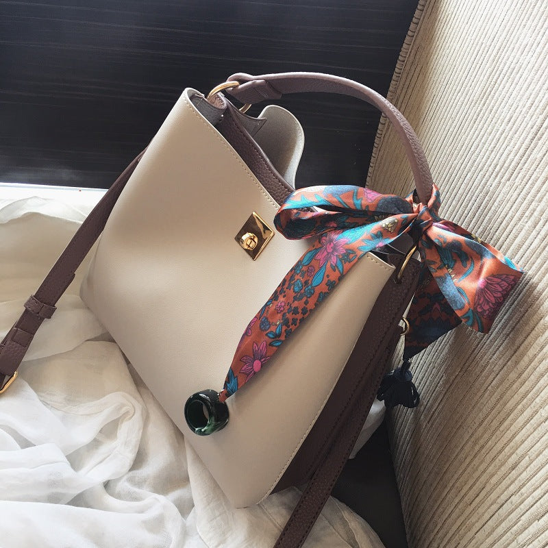 Fashion Casual Hit Color Bucket Bag Simple One-Shoulder Messenger Bag Silk Scarf Handbag (See size chart where applicable)