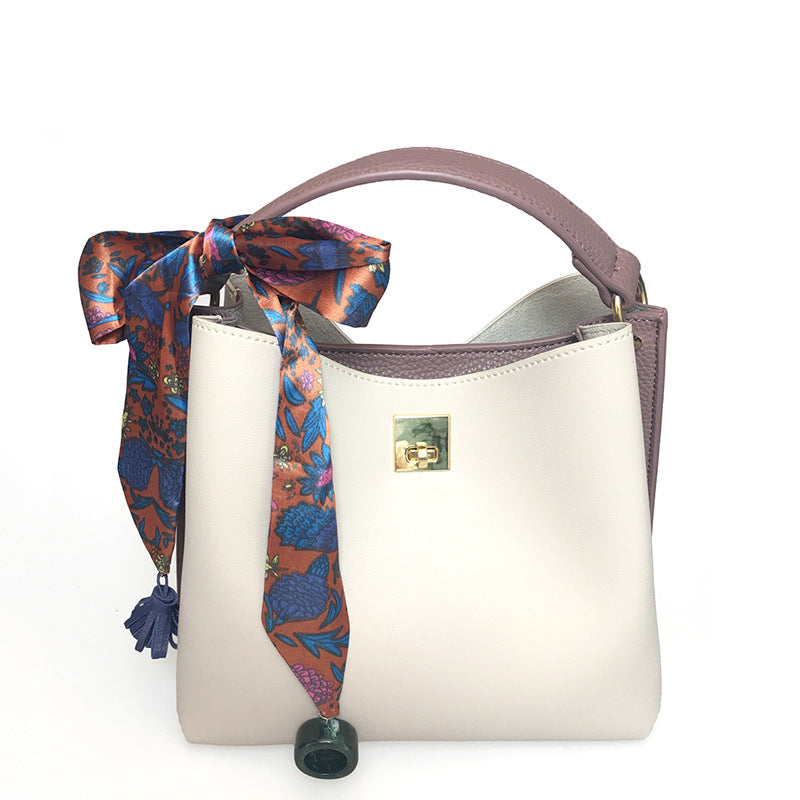Fashion Casual Hit Color Bucket Bag Simple One-Shoulder Messenger Bag Silk Scarf Handbag (See size chart where applicable)