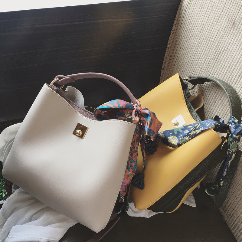 Fashion Casual Hit Color Bucket Bag Simple One-Shoulder Messenger Bag Silk Scarf Handbag (See size chart where applicable)