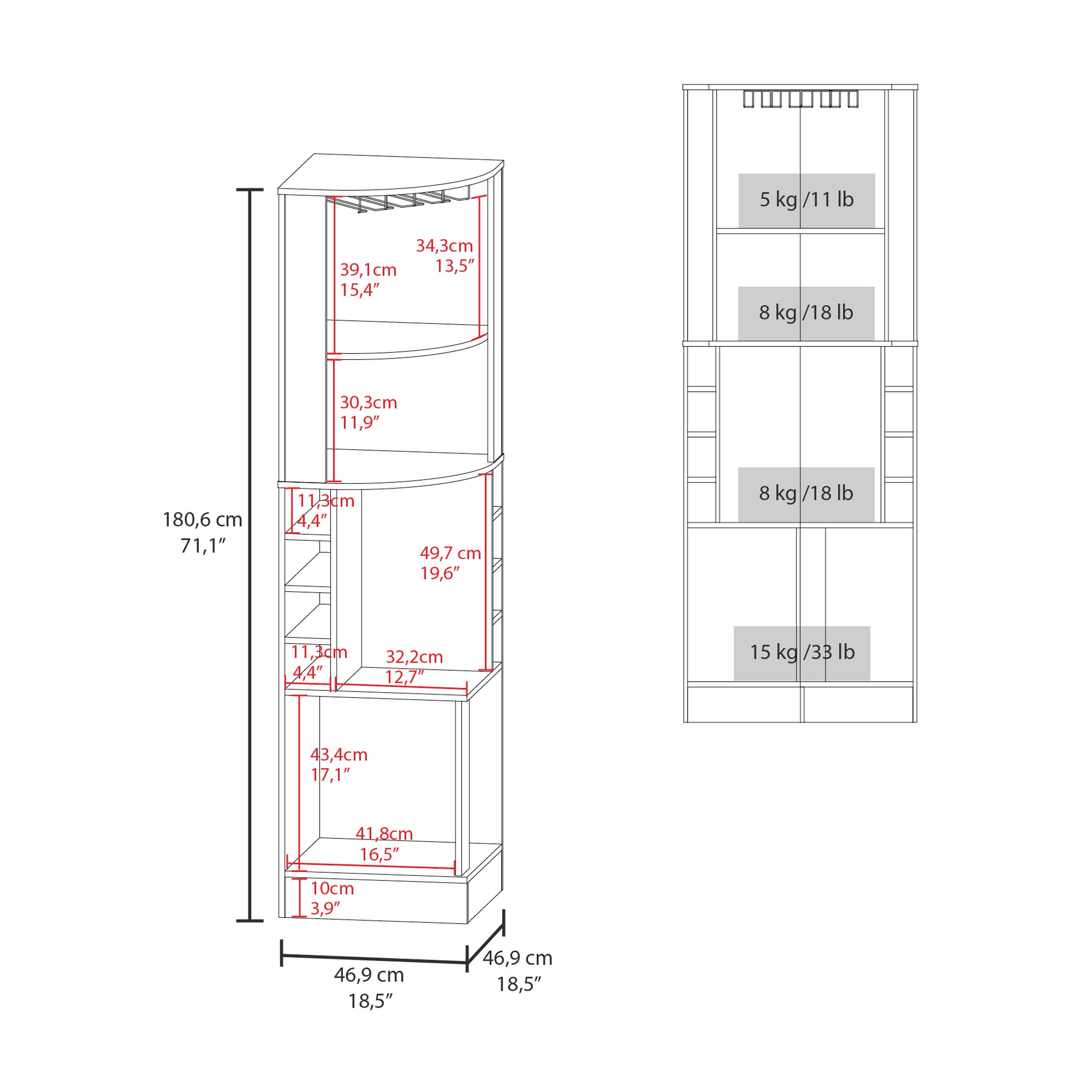 Cairo Corner Bar Cabinet with Double Door Cabinet, Glass Rack, Eight Built-in Wine Rack, Dark Walnut