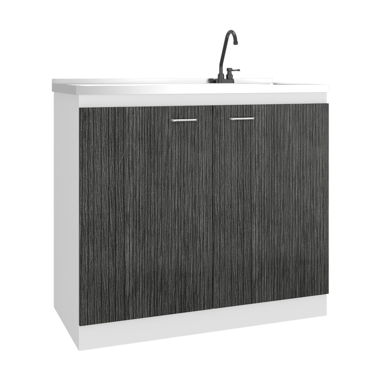 Napoles Utility Sink with Faucet Inclued and Integrated Stainless Steel Counter top, Freestanding cabinet with two doors, Metal Handles and Two interior shelves, Gray+White