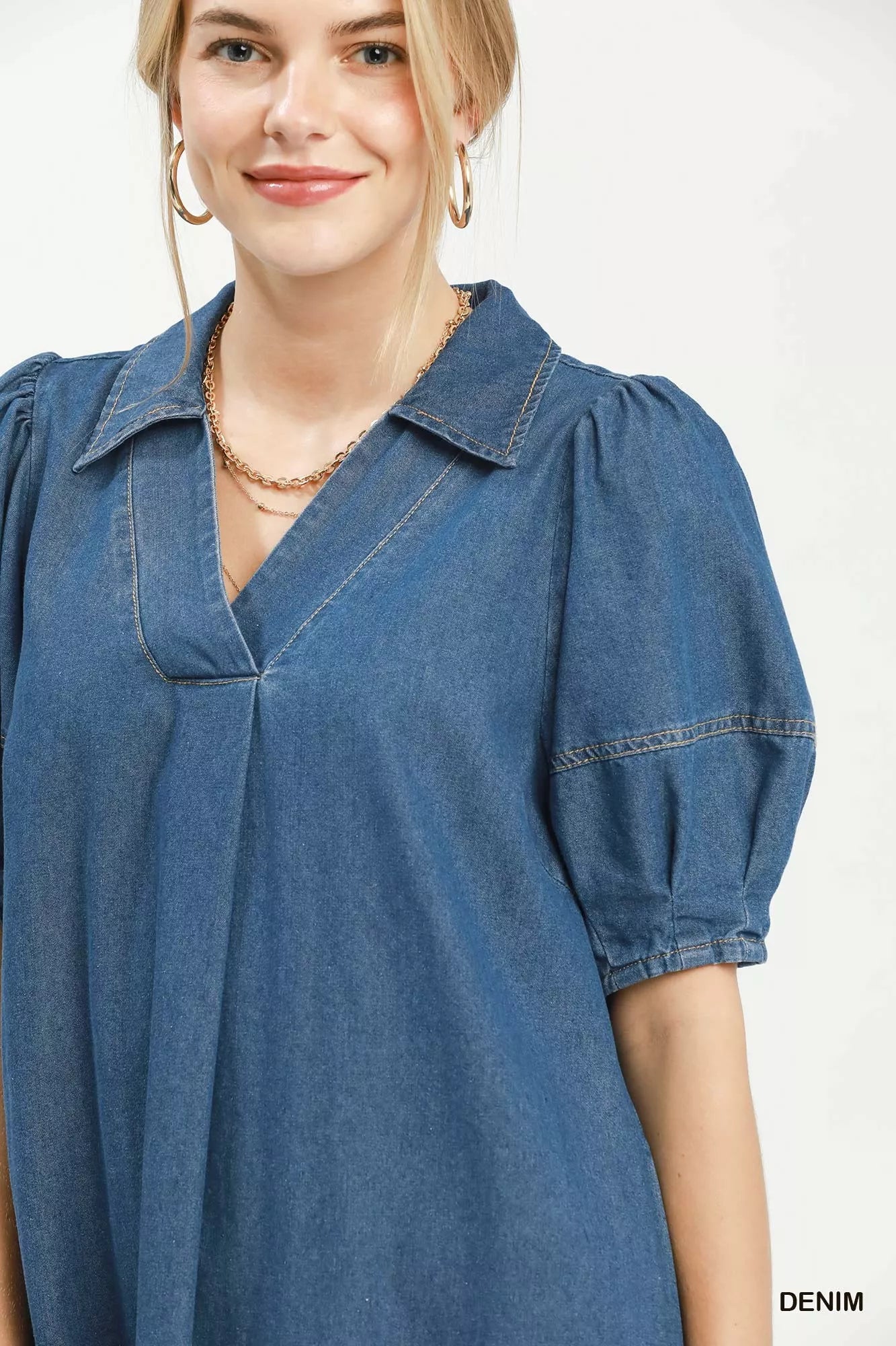 Umgee Chambray Collared Puff Sleeve Dress