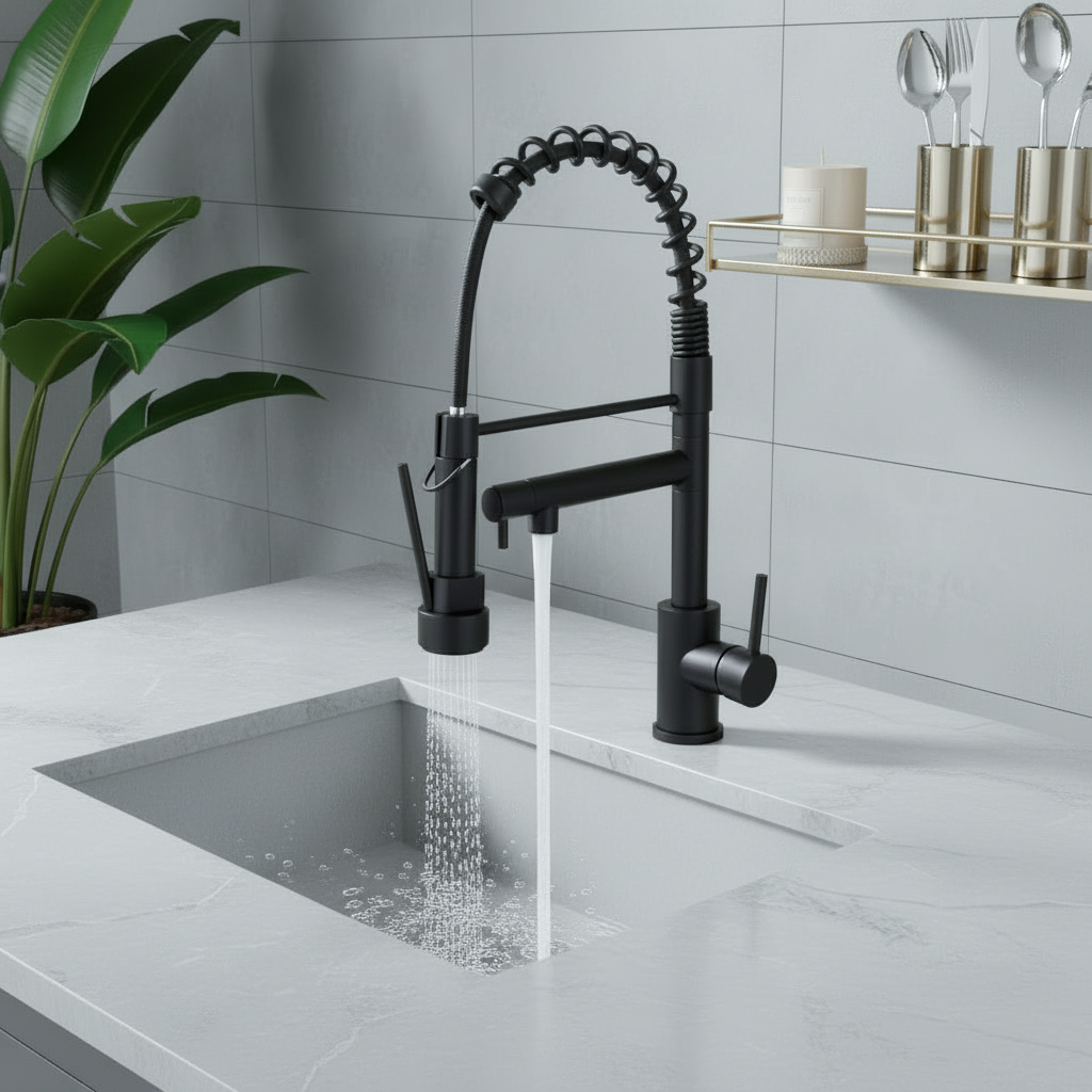 Kitchen Faucet with Pull Down Sprayer, Touch On Single Handle 2- Function Stainless Steel Spring Neck, Single Hole Installation for Residential, Commercial, RV, Bar & More, Matte Black