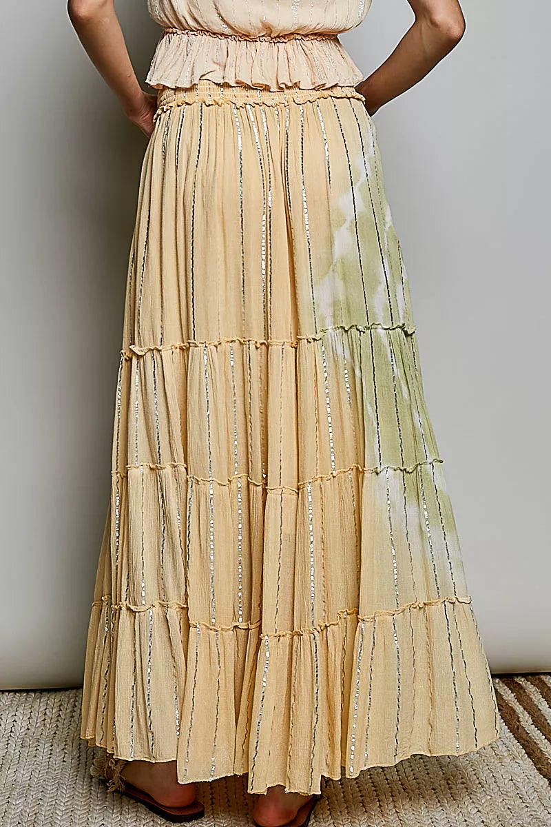 POL Shimmer Tiered Reverse Ruffle Smocked Waist Maxi Skirt