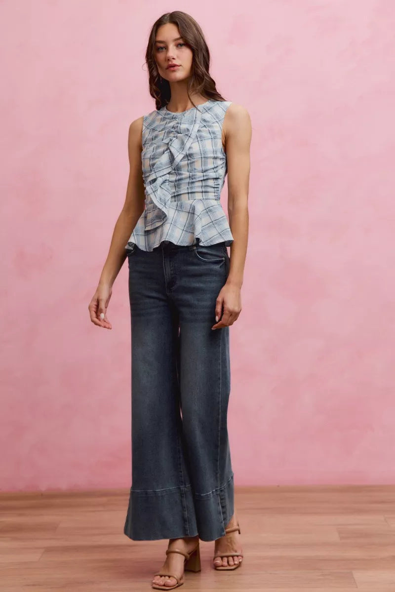 SO ME Plaid Sleeveless Ruffle Peplum Top