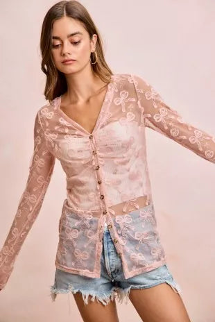 BiBi Bow Pattern Shrried V-neck Mesh Cardigan Top