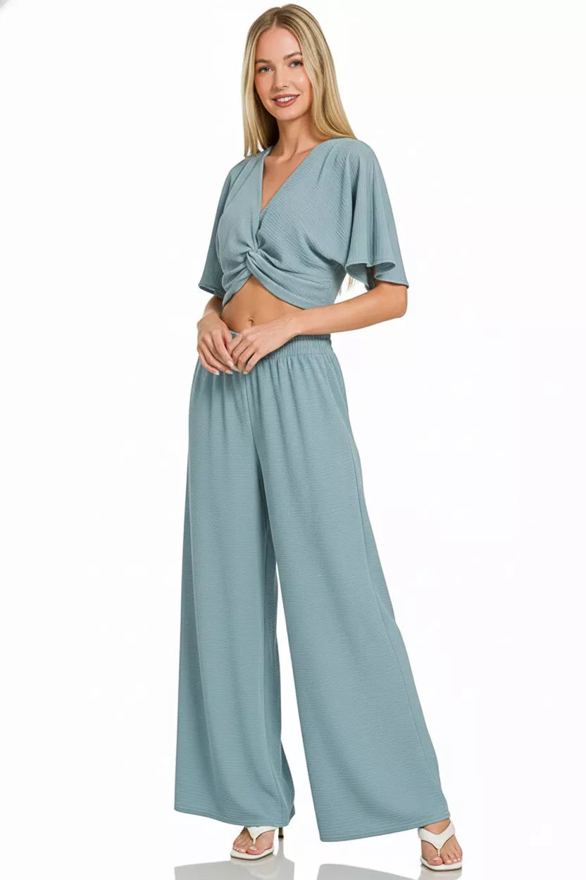 Zenana Woven Airflow Twisted Top & Wide Leg Pants Set
