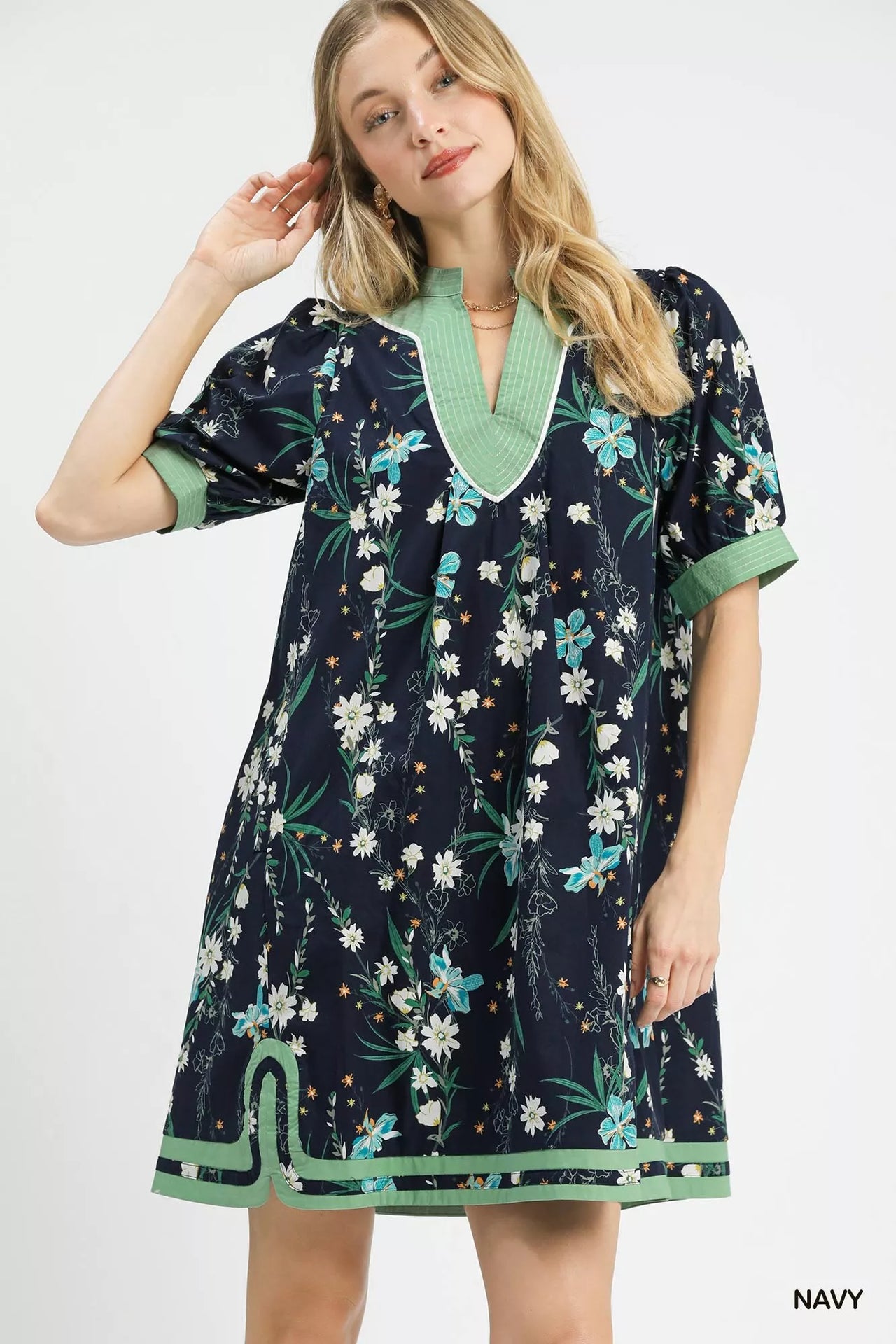 Umgee Floral Puff Sleeve Dress with Contrast Trim
