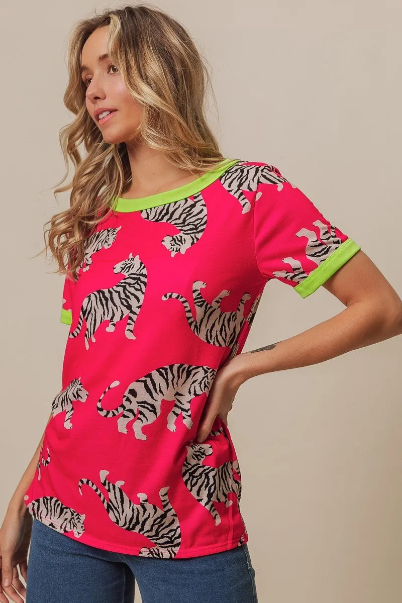 BiBi Big Tiger Print Jersey Contrast Ringer Top