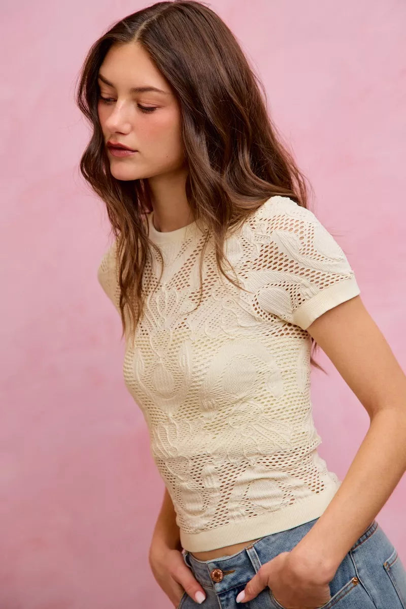 SO ME Floral Perforated Seamless Active Short Sleeve Top