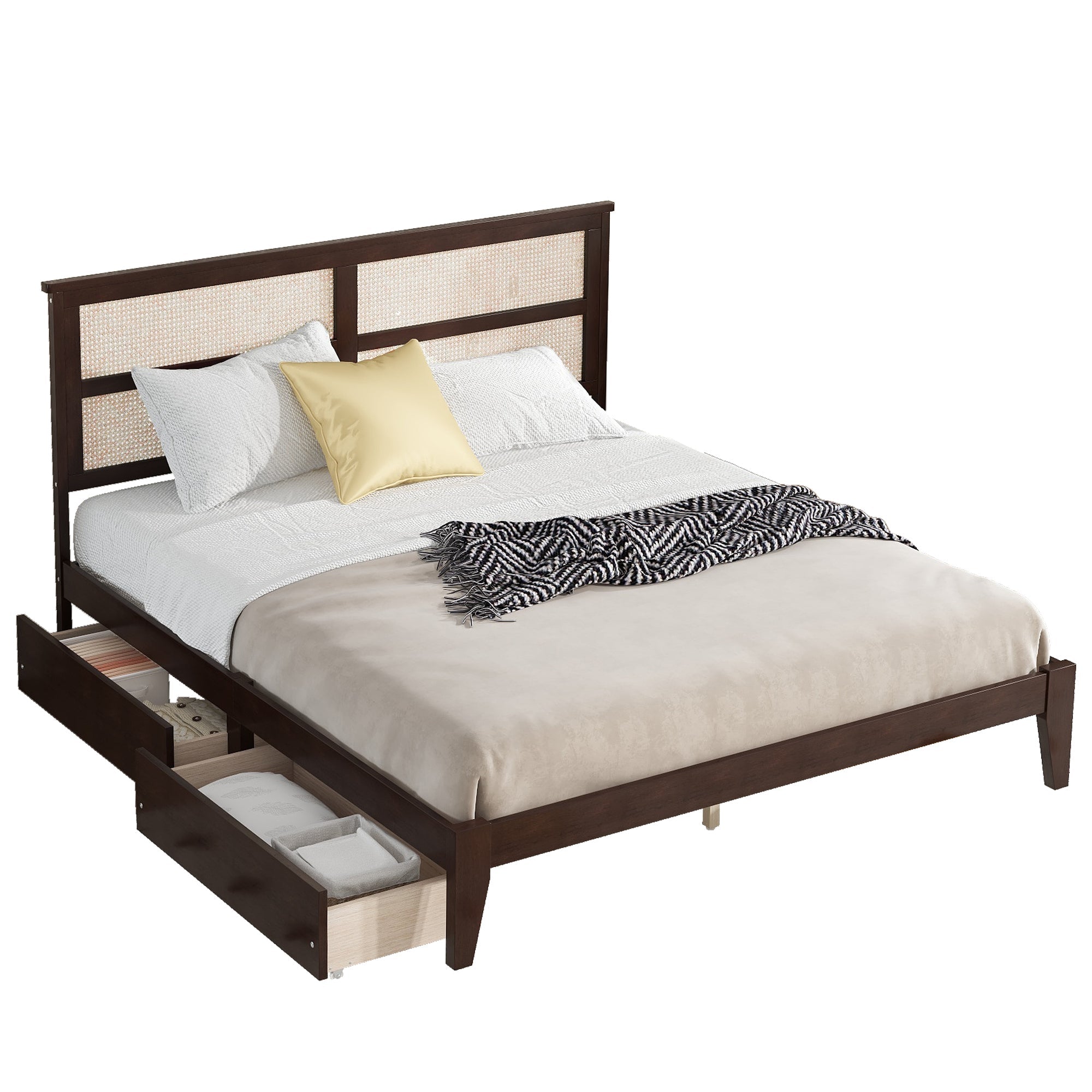 King Size Bed with Rattan Headboard, Two Storage Drawers, Rubber Wood Bed with Enhanced  Support Salts and Feet,Espresso