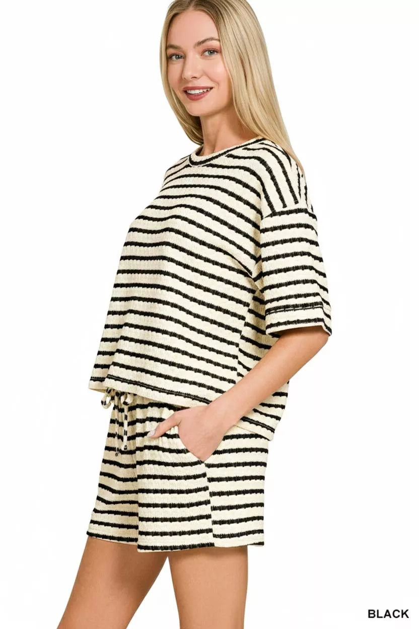 Zenana Striped Short Sleeve Tee & Shorts Set