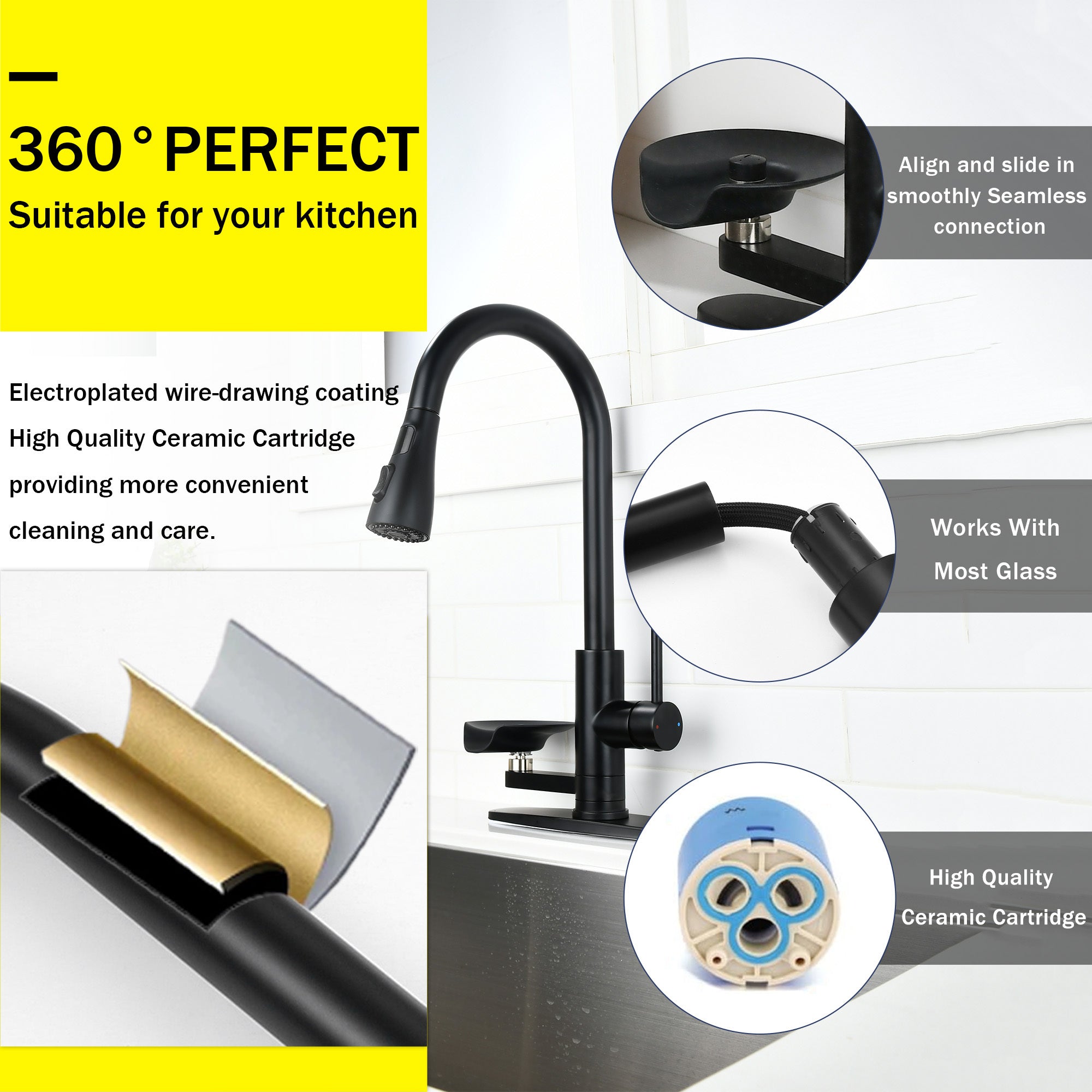 3-in-1 Matte Black Kitchen Faucet with LED Temperature Display, Press-Type Glass Rinser, Pull-Down Sprayer, 3 Spray Modes