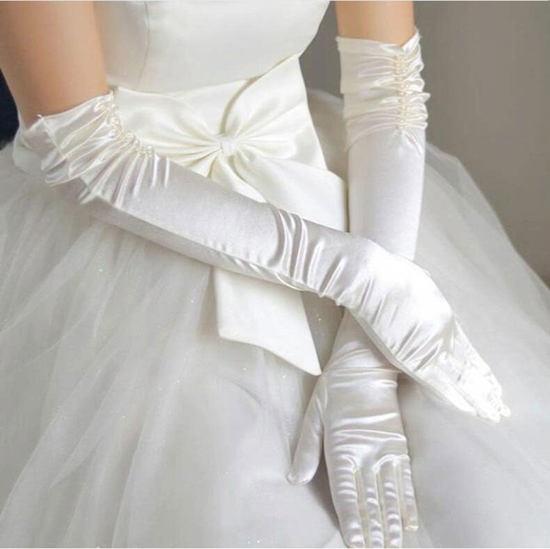 Double-row Beaded Satin Sun Protection Scar Cover Up Oversleeve Bridal Wedding Gloves
