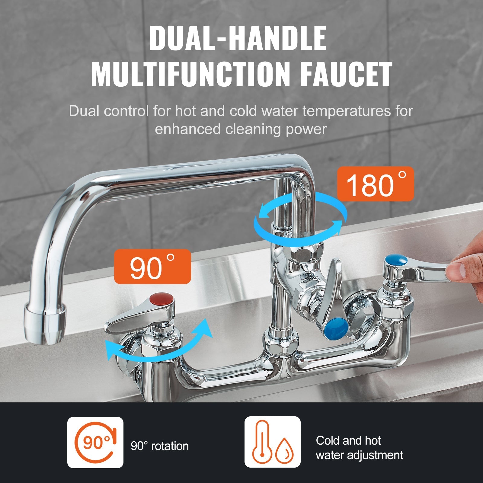 Commercial Faucet with Pre-Rinse Sprayer, 36' Height, 8' Center, 12' Swing Spout, Wall Mount Kitchen Sink Faucet, Brass Constructed Device with Pull Down Spray, for 1/2/3 Compartment Sink
