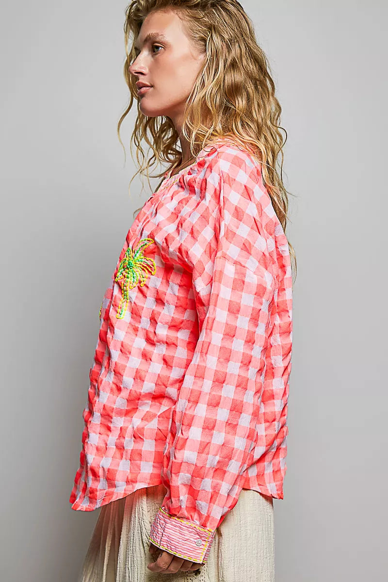 POL Gingham Embroidered Palm Tree Blouse