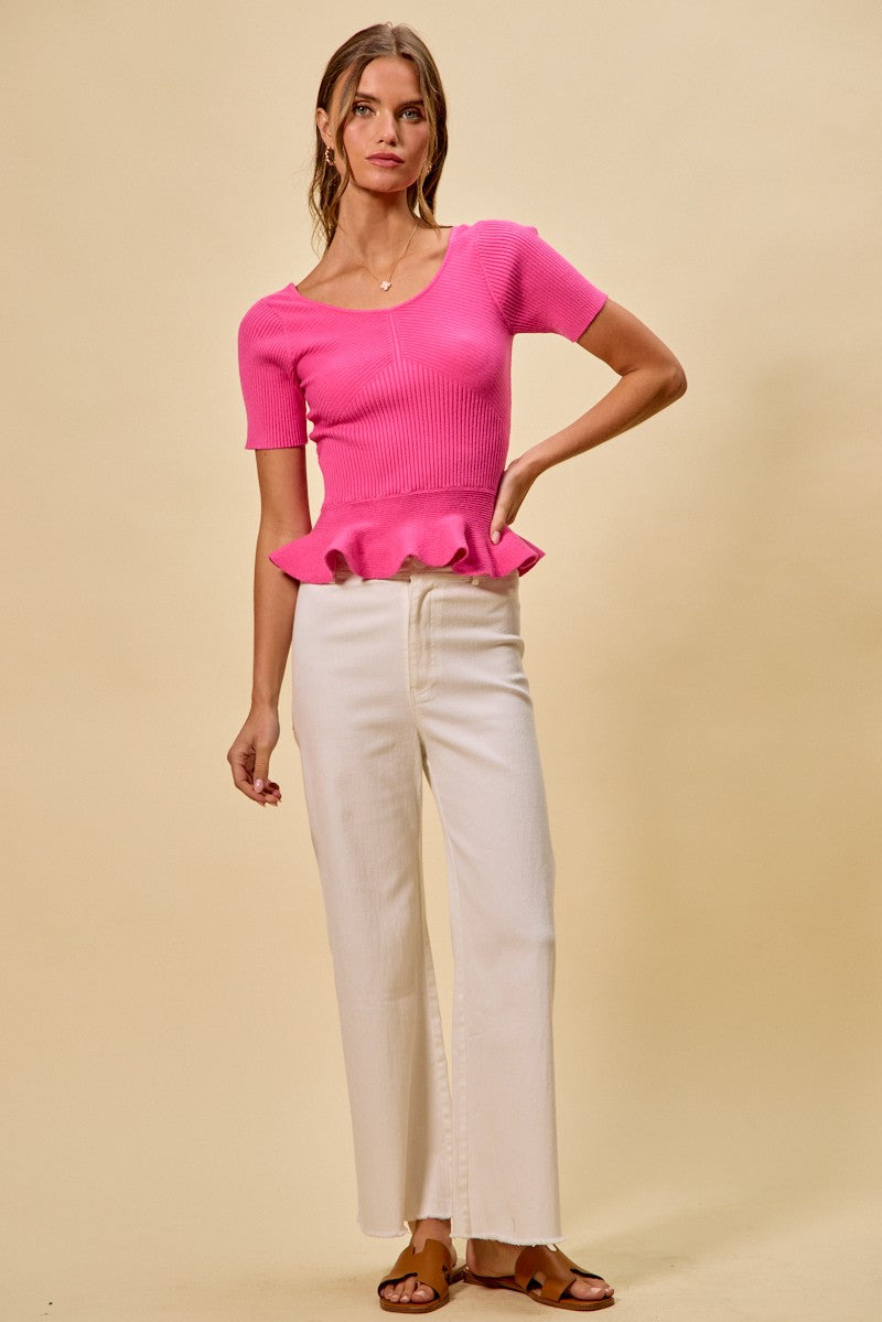 SO ME Ribbed Knit Short Sleeves Peplum Sweater Top