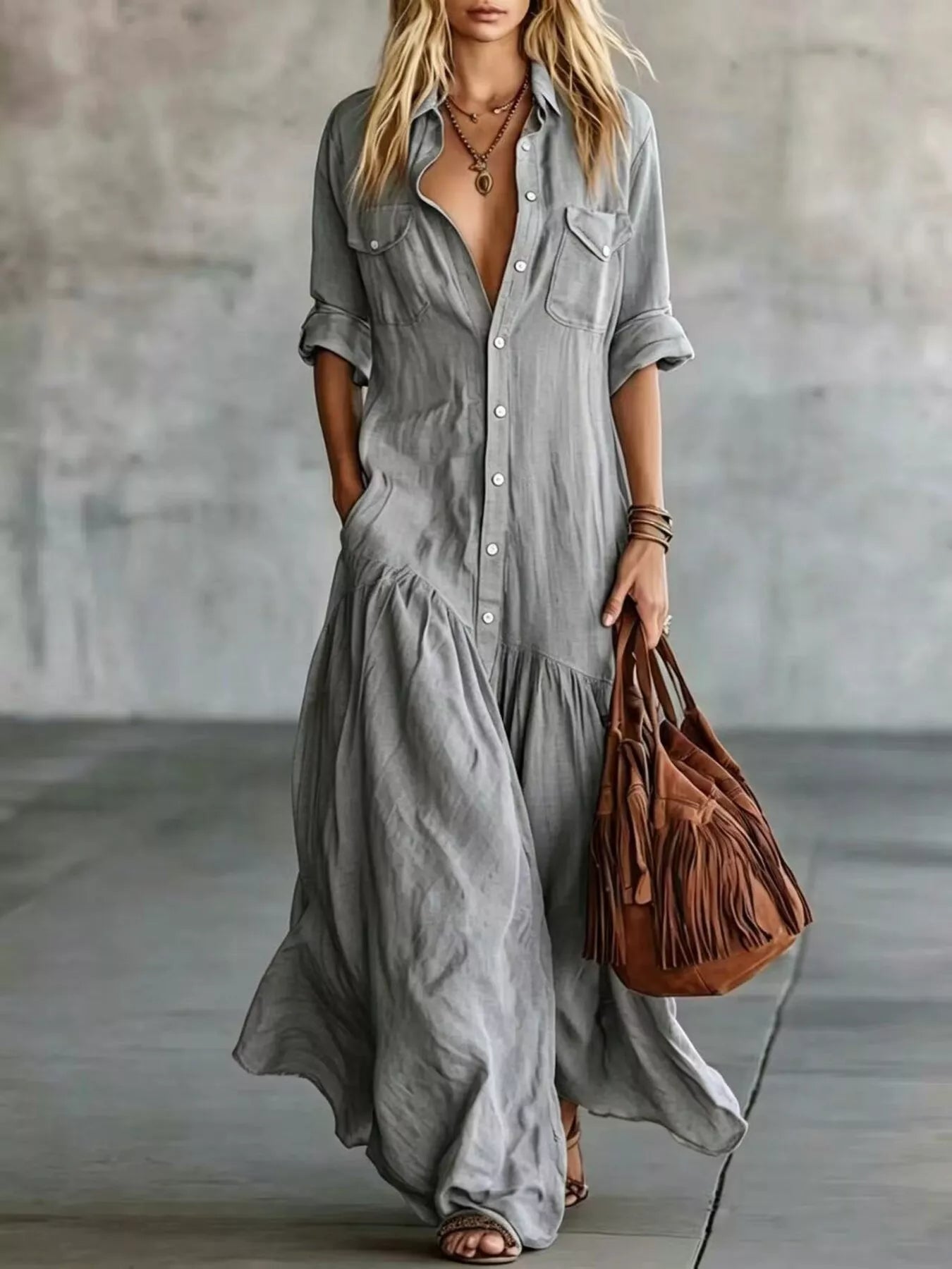 Full Size Button Front Roll-Up Sleeve Maxi Dress Plus Size