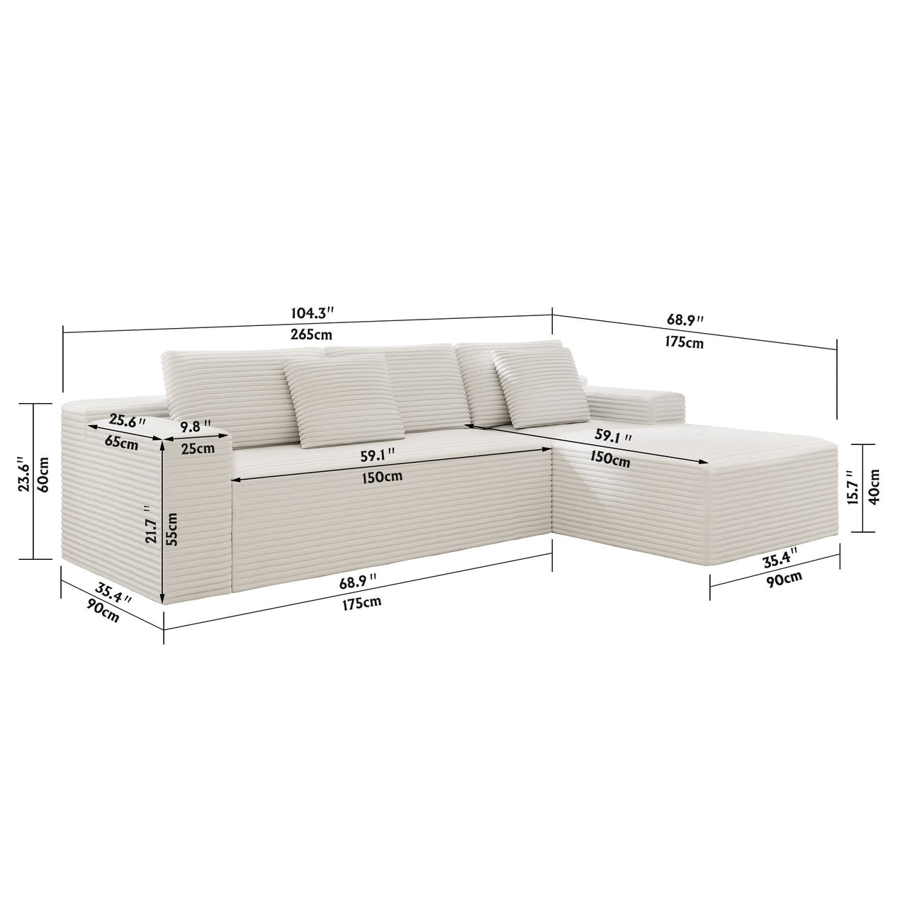 104.3*68.9'Modular sectional sofa seat,Upholstered compressed couch for living room,Bedroom,Apartment,No assembly required,2PC free combination,Plush corduroy fabric,WHTIE