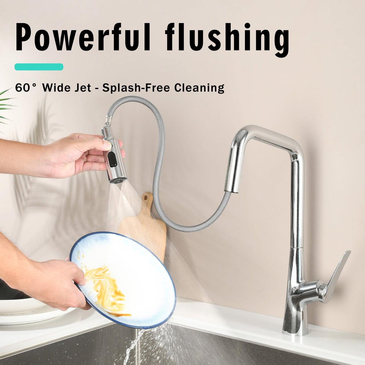 Professional Chrome Kitchen Faucet - 3 Function 360 Sprayer with One Touch Switching, Metal Construction