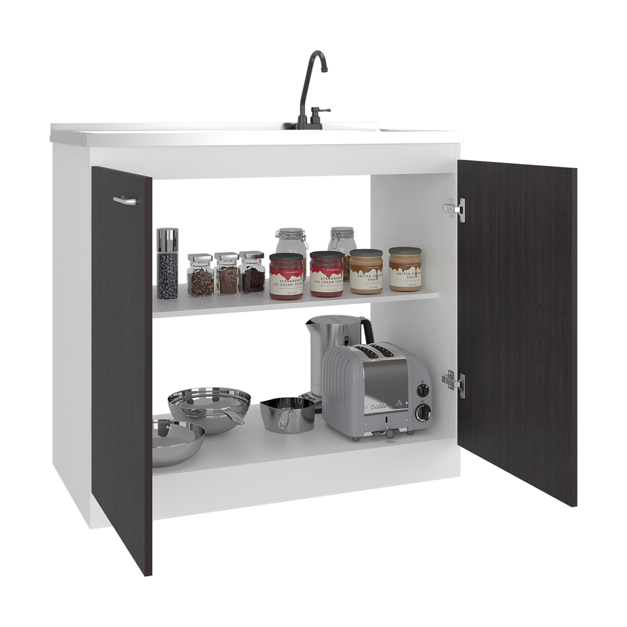 Napoles Utility Sink with Faucet Inclued and Integrated Stainless Steel Counter top, Freestanding cabinet with two doors, Metal Handles and Two interior shelves, Black & White Print