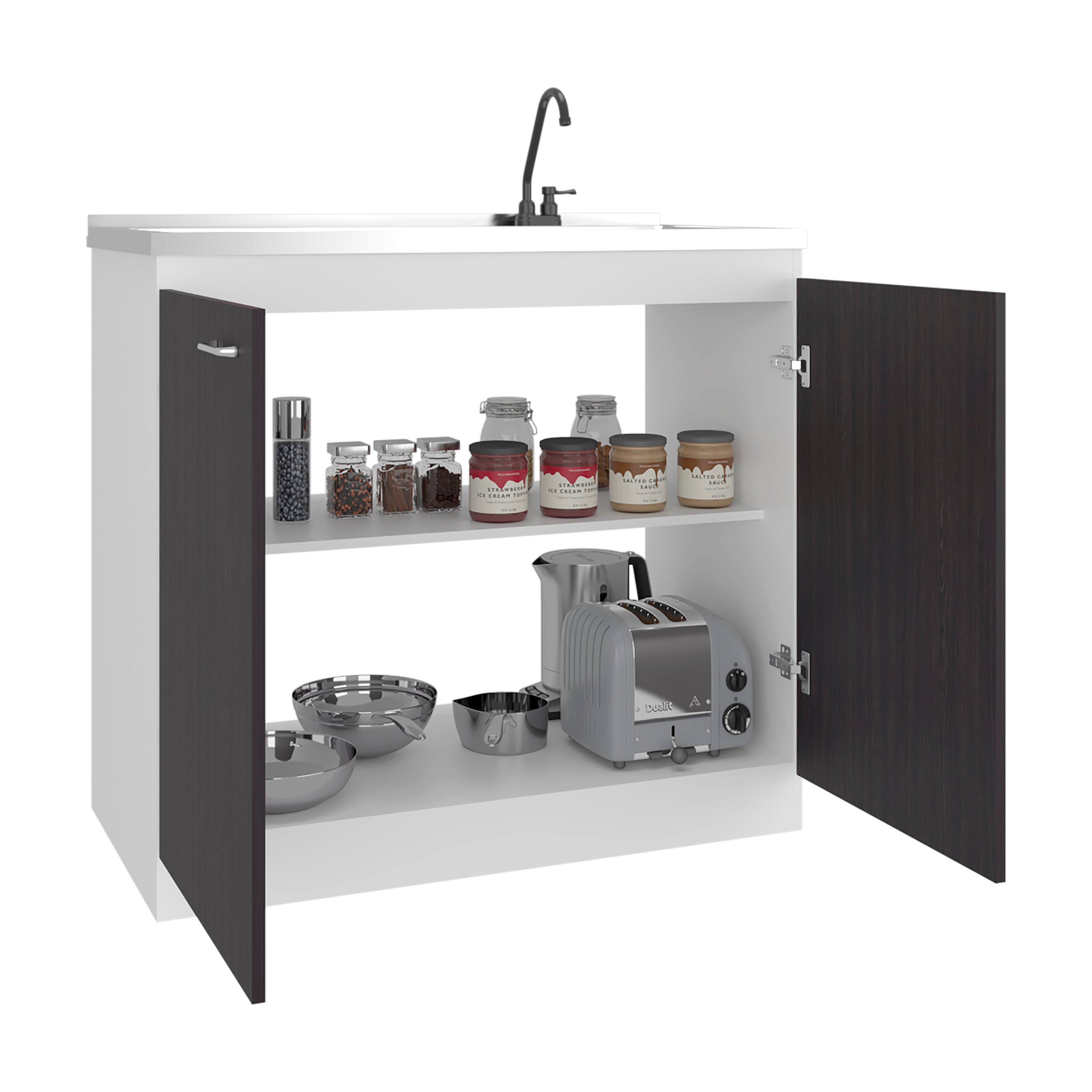 Napoles Utility Sink with Faucet Inclued and Integrated Stainless Steel Counter top, Freestanding cabinet with two doors, Metal Handles and Two interior shelves, Black & White Print
