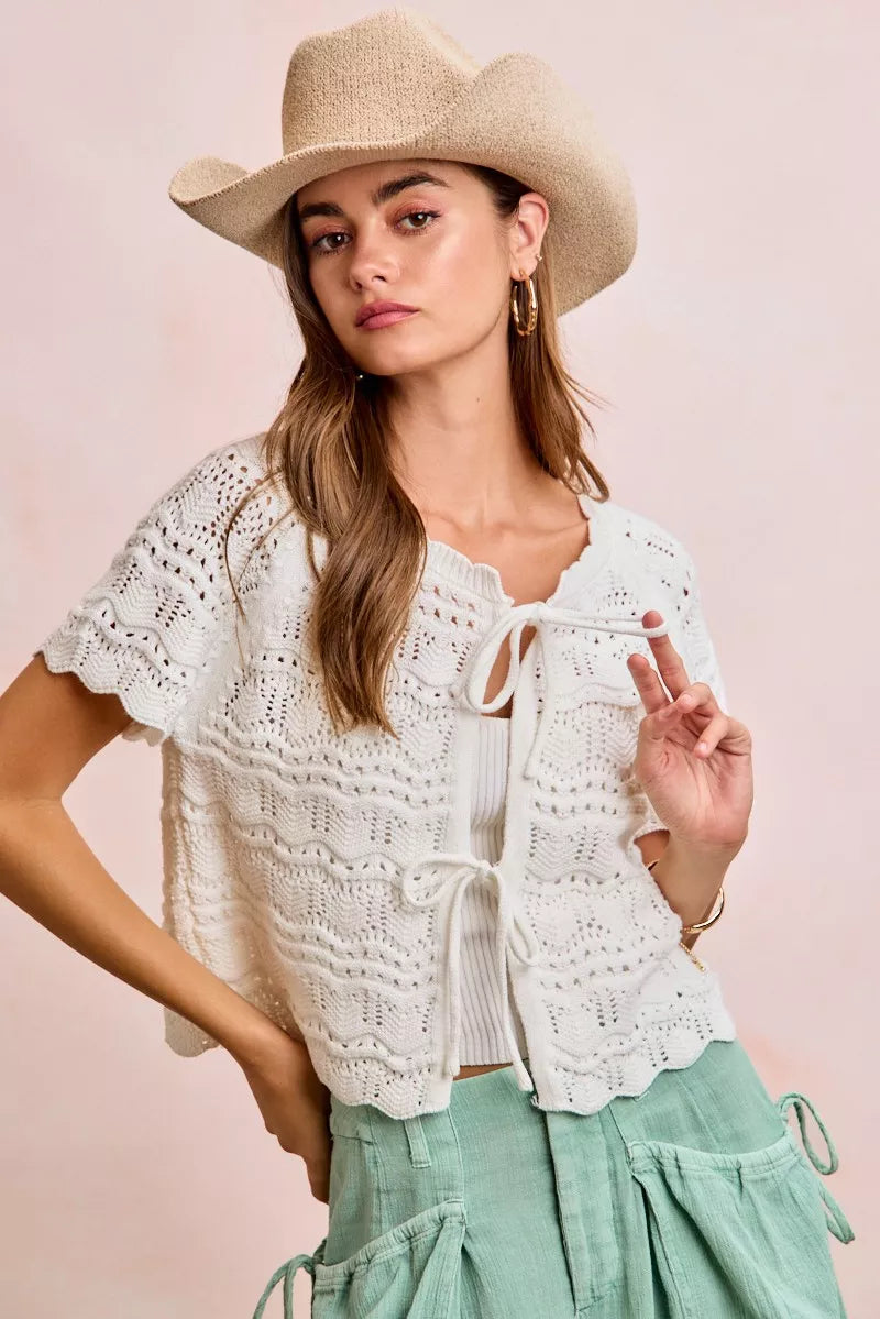 BiBi Front Bow Tie Detail Pointelle Knit Top