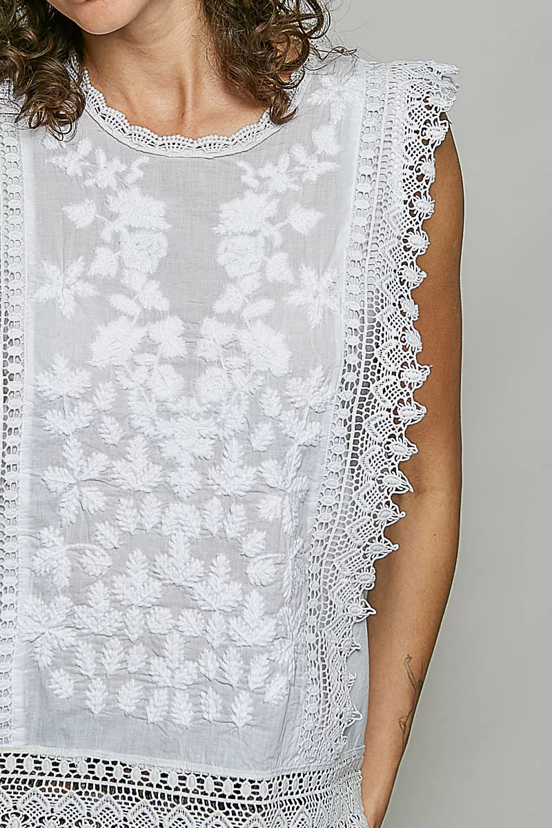 POL Allover Botanical Embroidered Scalloped Lace Sleeveless Top