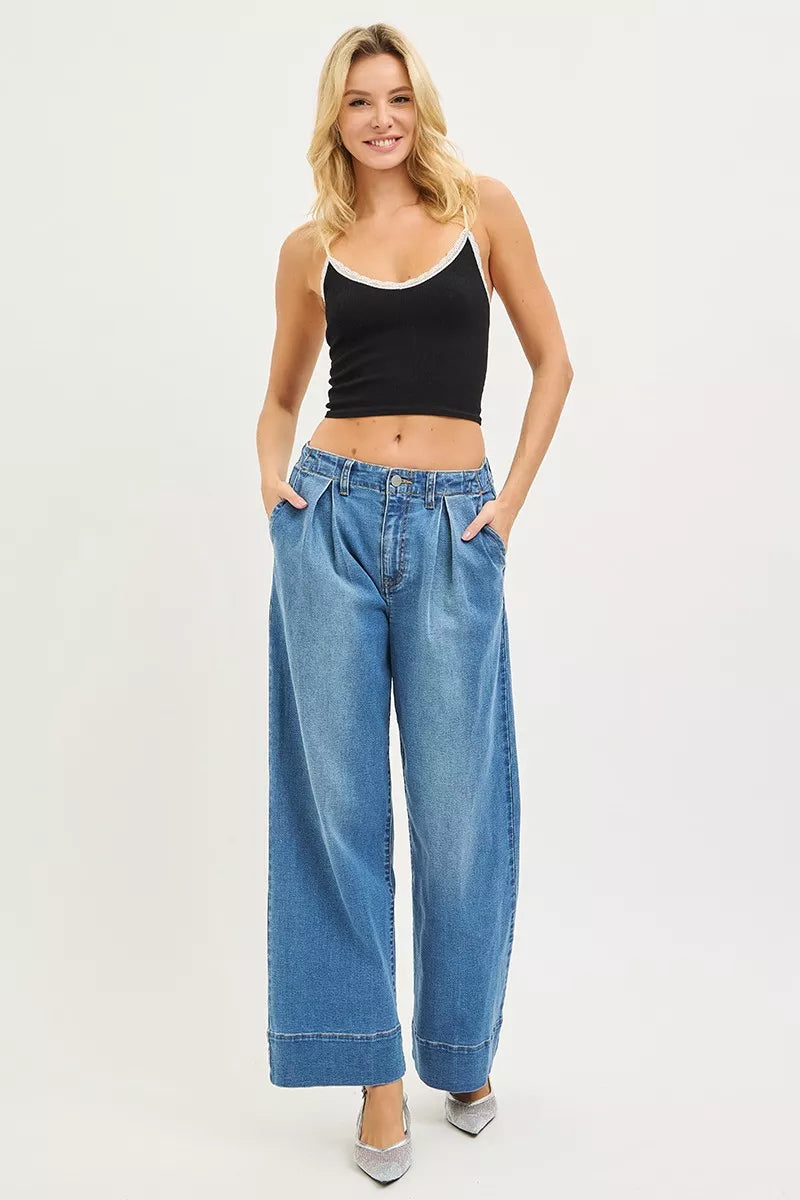RISEN Slouchy Wide Leg Jeans With Pleats