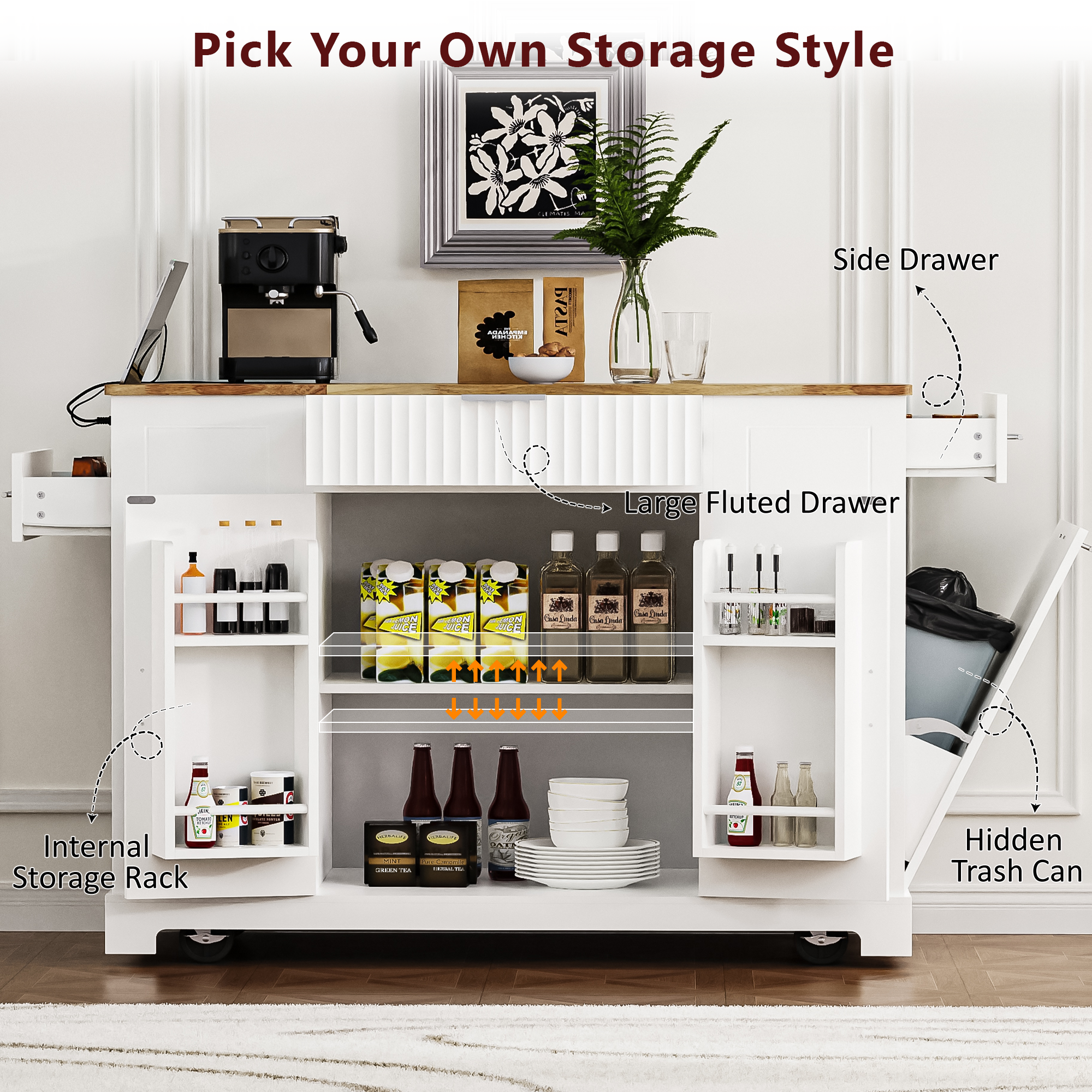 K&K Fluted Kitchen Island with Trash Can Storage Cabinet, Power Outlet, Internal Storage Rack, Rolling Kitchen Islands on 5 Wheels with 3 Drawer, 3 Open Side Racks for 10 Gallon Garbage Bin, White