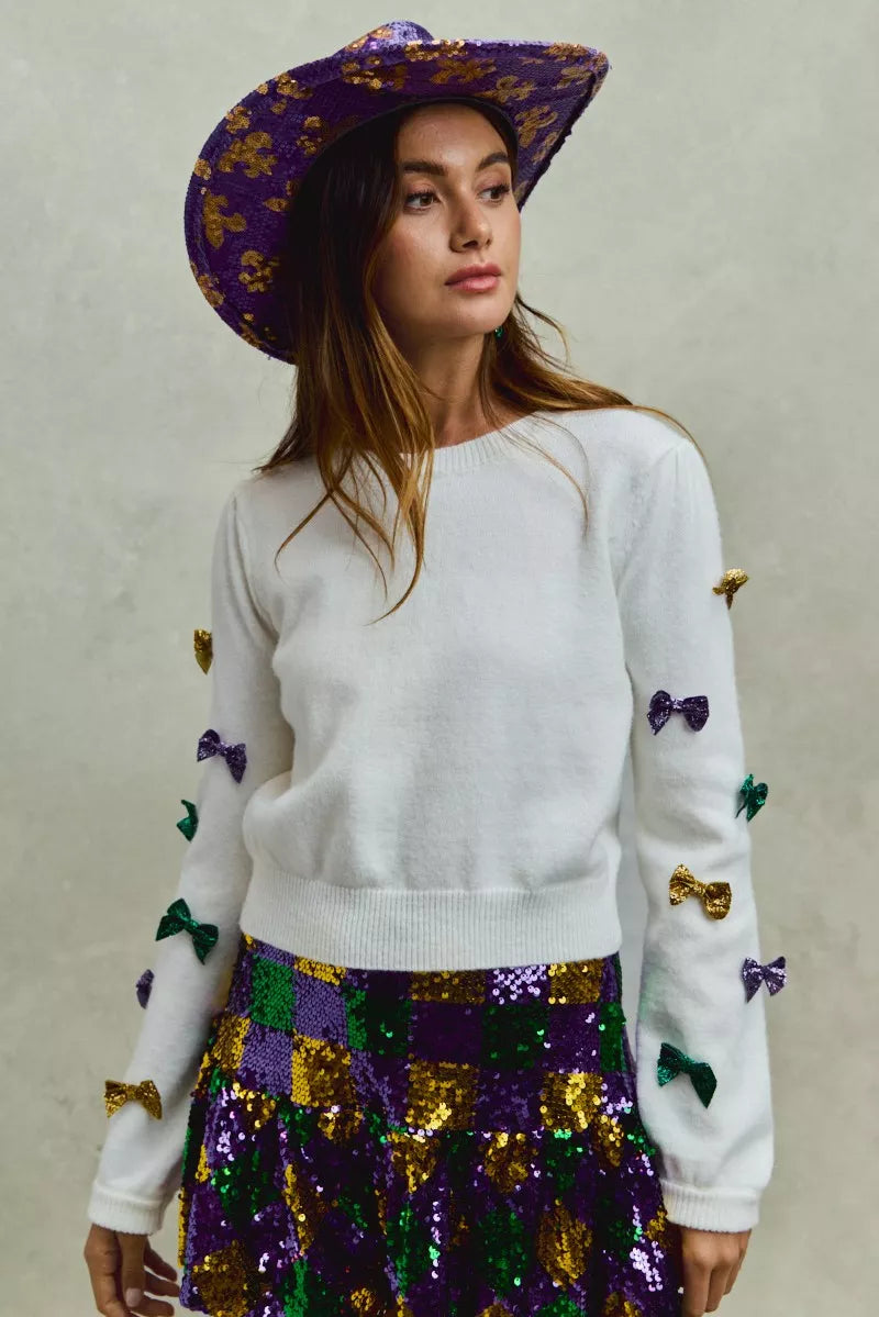 SO ME Mardi Gras Glitter Bow Ribbon Sweater Knit Top
