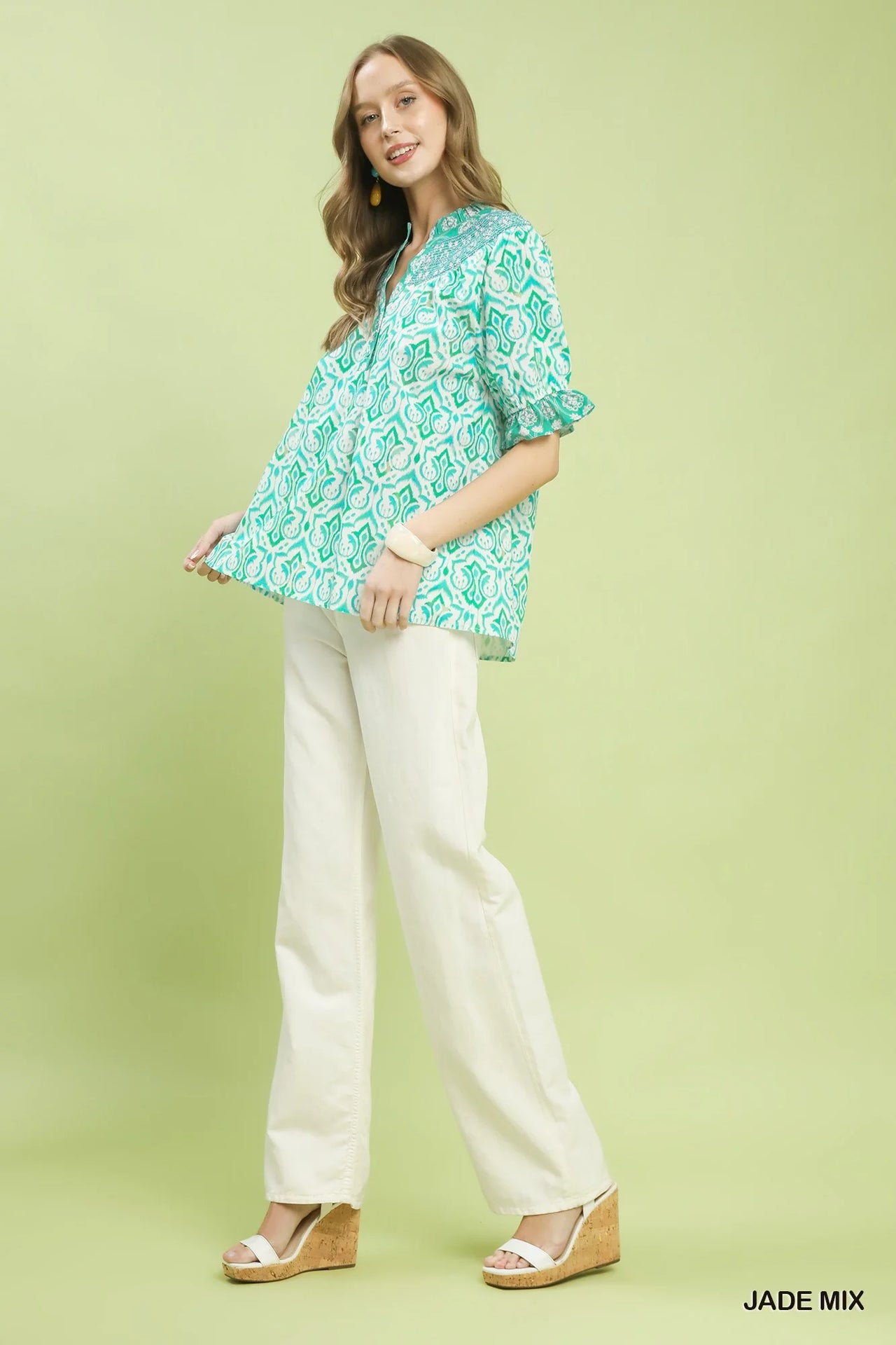 Umgee Mix Boho Puff Sleeve Smocked Top