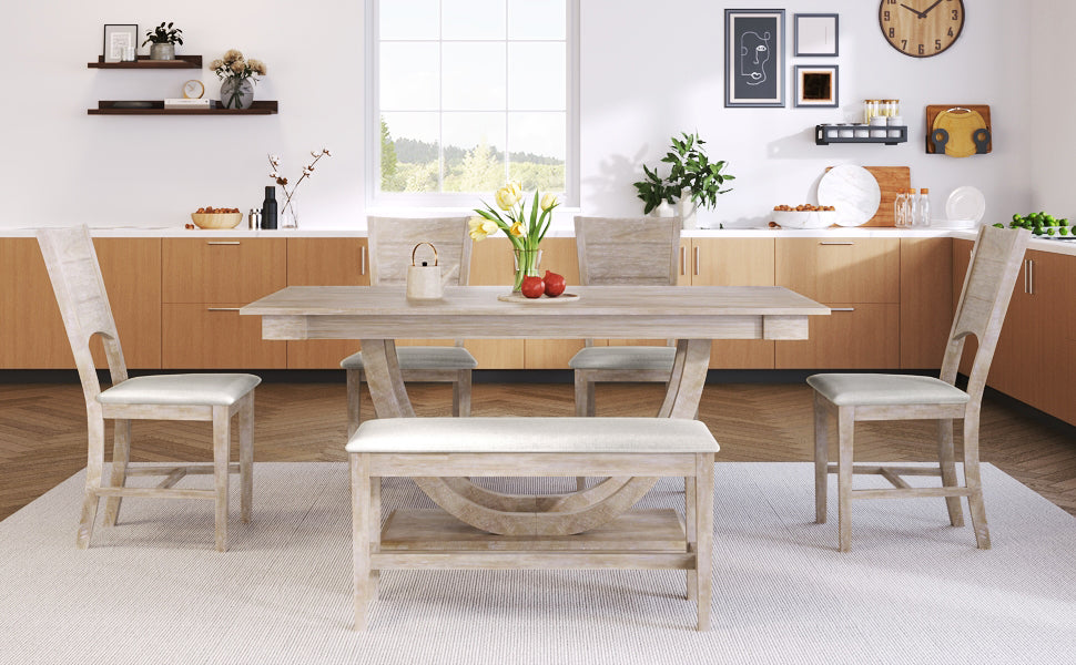 TOPMAX Modern Style Natural Wood 6-Piece Dining Table Set with Bench and Chairs, Upholstered Seats, Rubberwood Frame