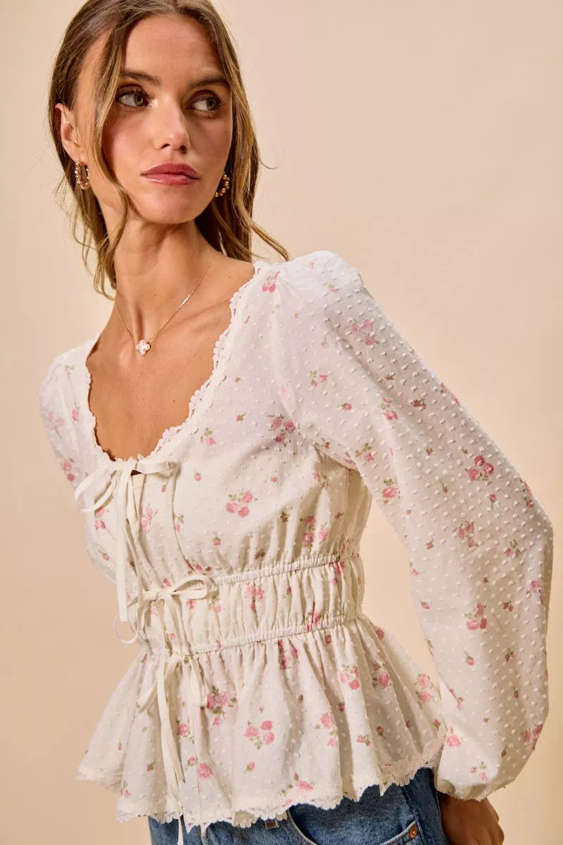 SO ME Floral Clip Dot Lace Trim Ruched Bodice Blouse