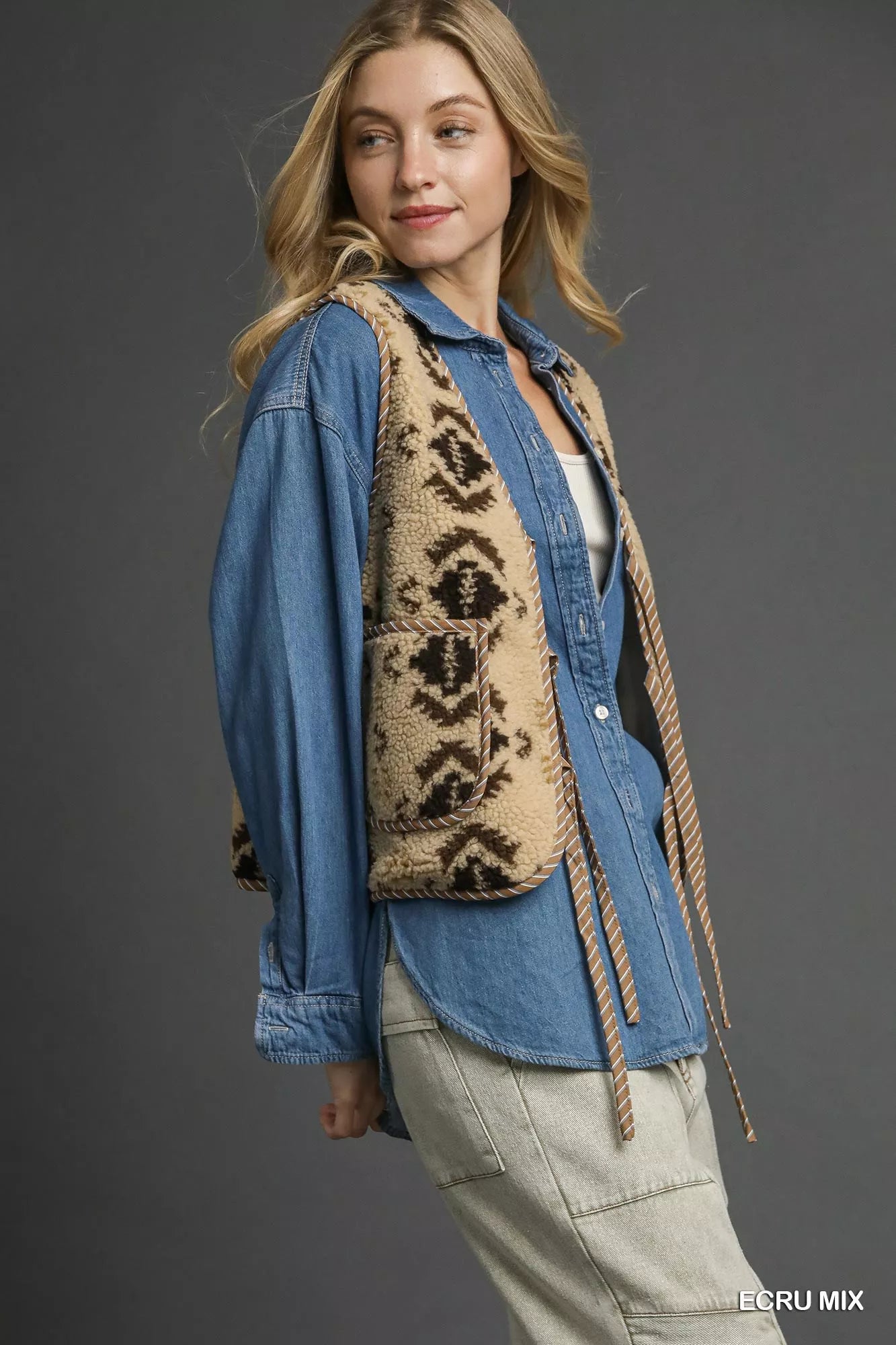 Umgee Mix Patterned Sherpa Tie-Front Vest