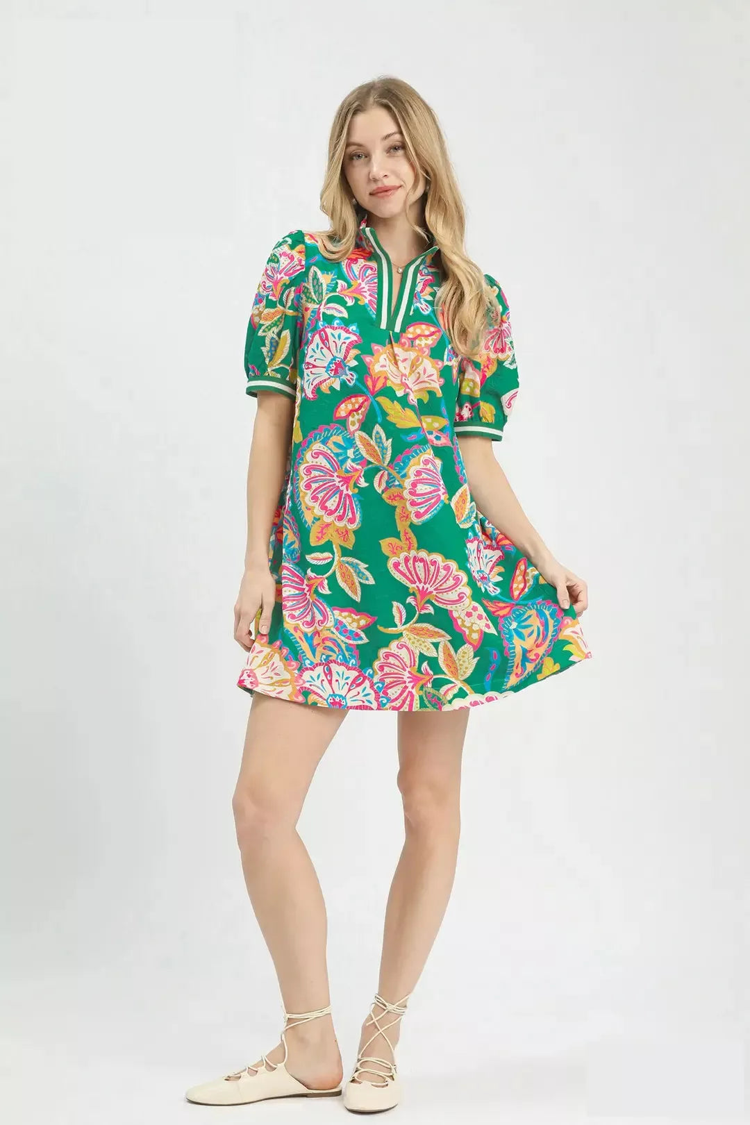 Umgee Jacquard Paisley Print Puff Sleeve Tunic Dress