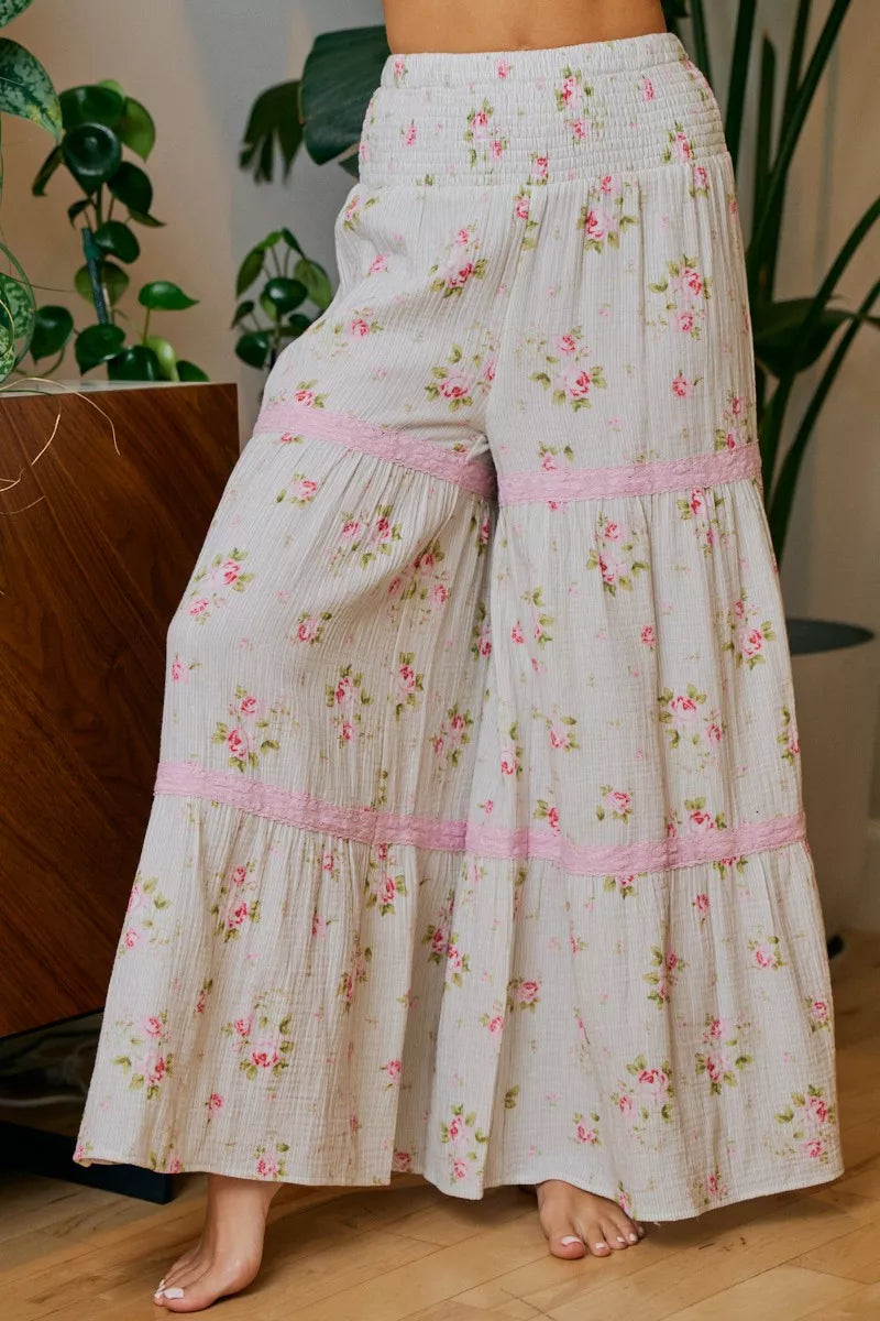 BiBi Rose Printed Gauze Trim Detail Smocked Maxi Pants