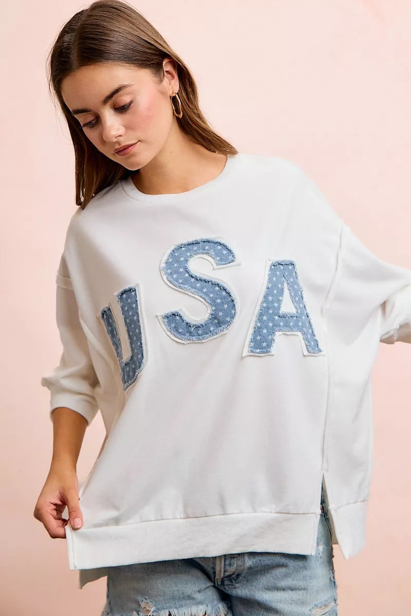 BiBi 4th Of July Usa Letter Patchwork French Terry Top