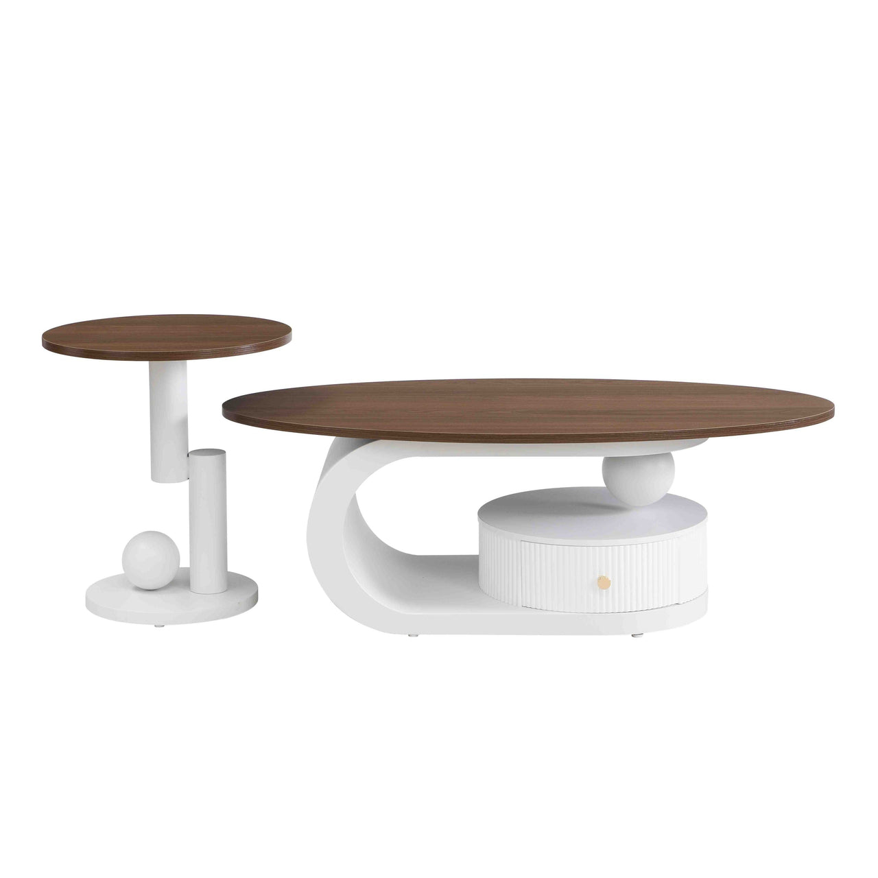 Luxury Nesting Coffee Table Set of 2,  Tables with Storage for Living Room, Oval and Round Table Set, White Center Table, Cocktail Table, Side Table,  Large 47.24'', Small 19.69''