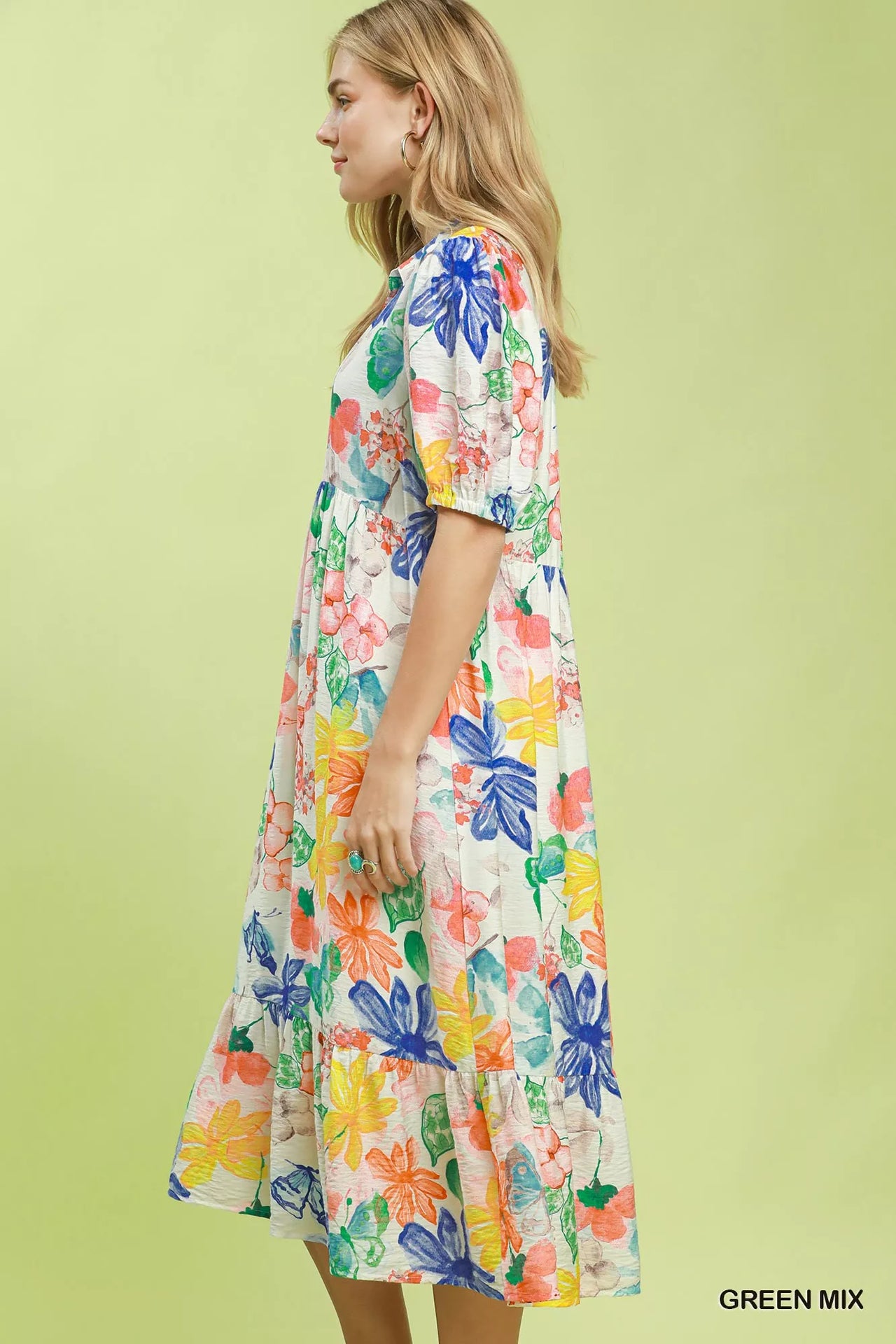 Umgee Watercolor Floral Tiered Midi Dress